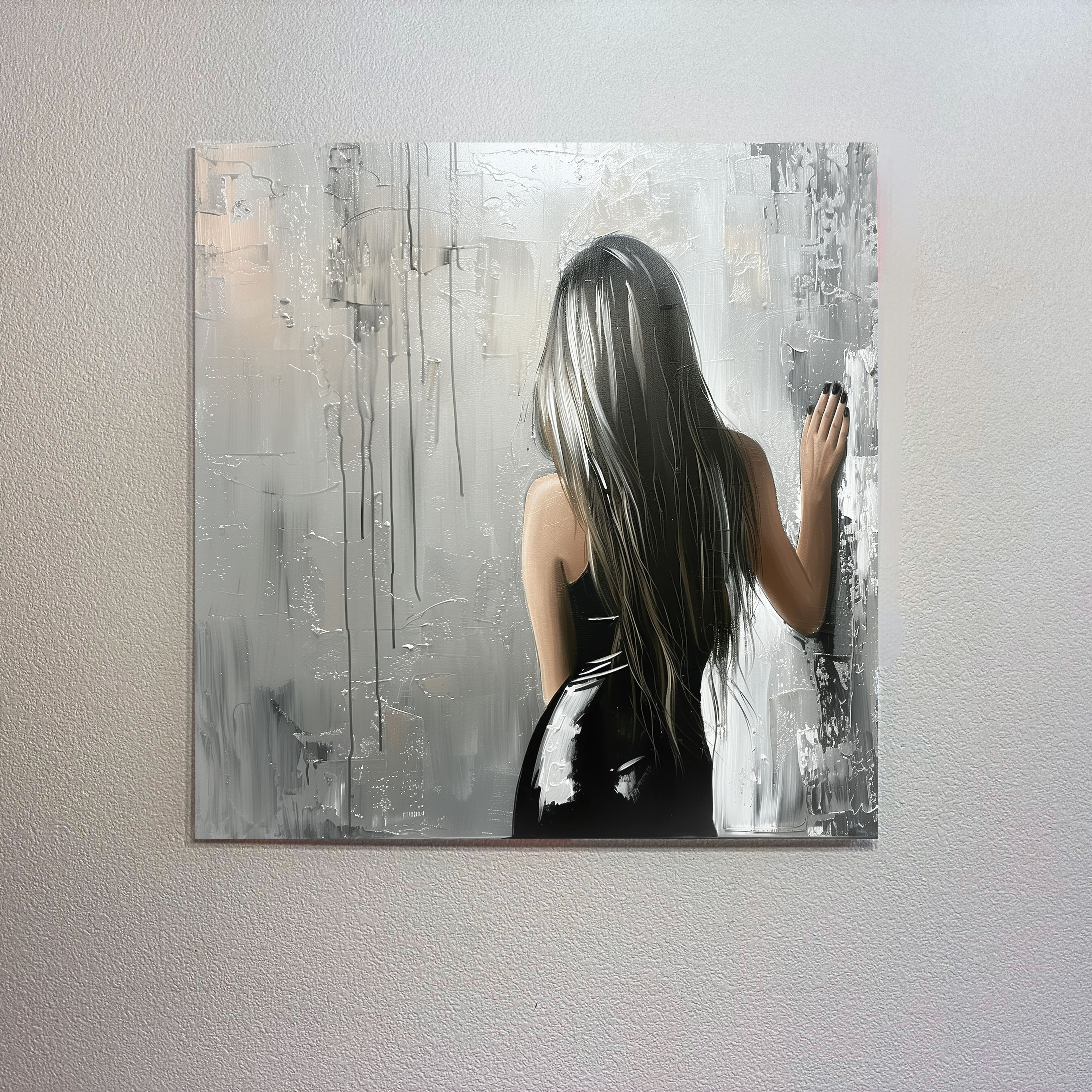 Abstract painting of a woman with long hair on a textured wall