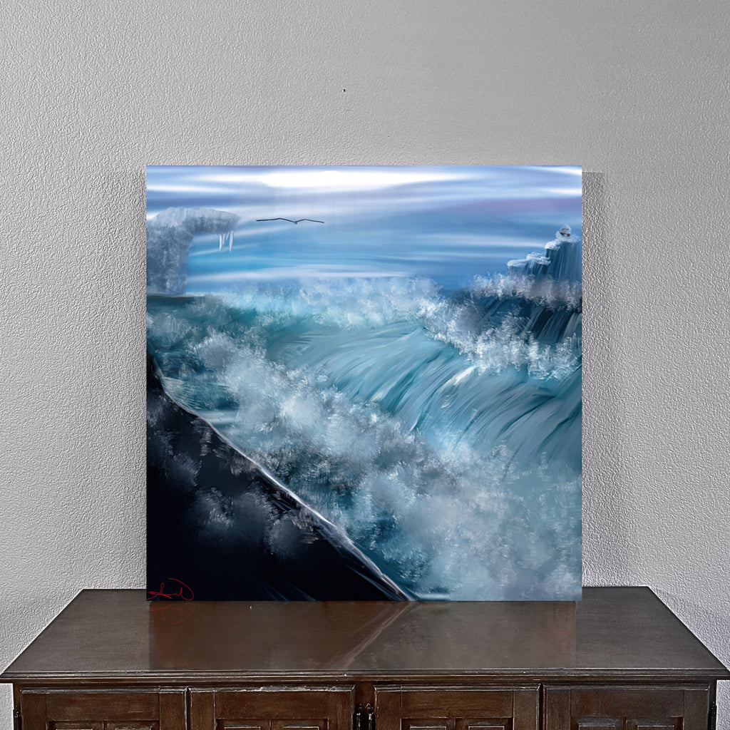 Arctic Ocean Canvas Wall Art, Blue Wave Painting, Glacier Sea Artwork, Coastal Home Decor