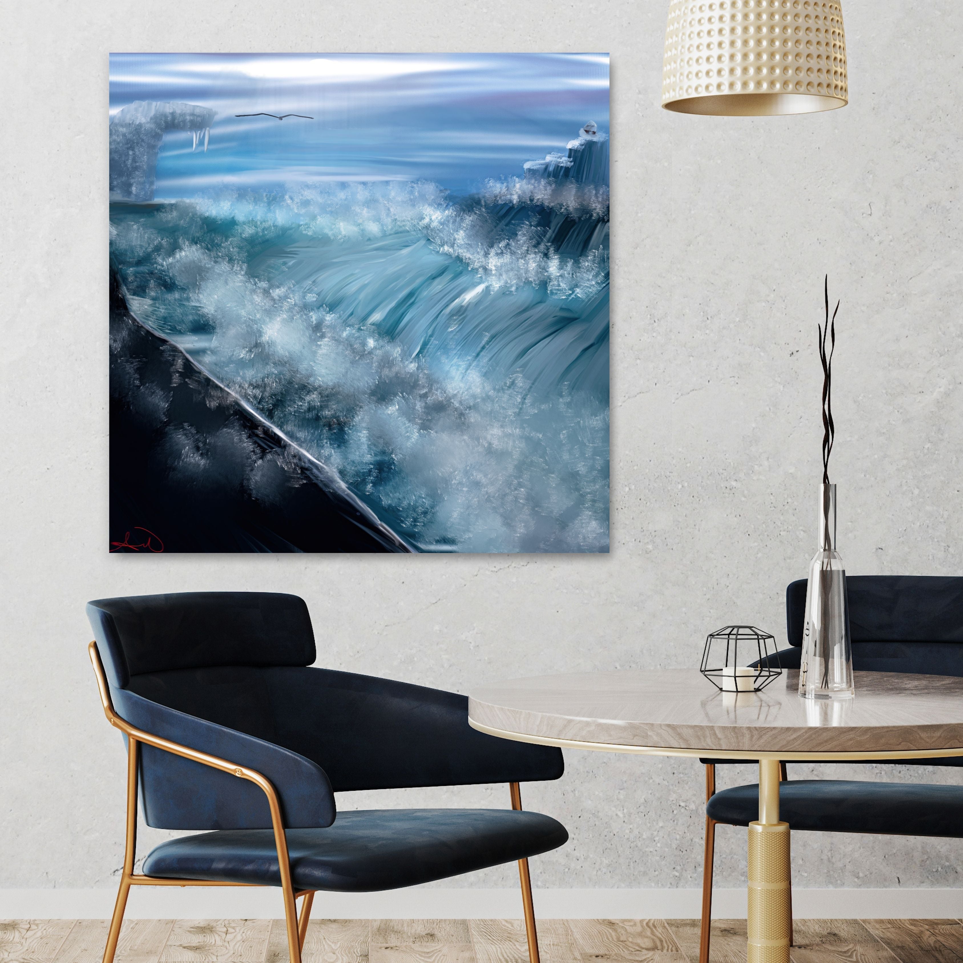 Arctic Ocean Canvas Wall Art, Blue Wave Painting, Glacier Sea Artwork, Coastal Home Decor