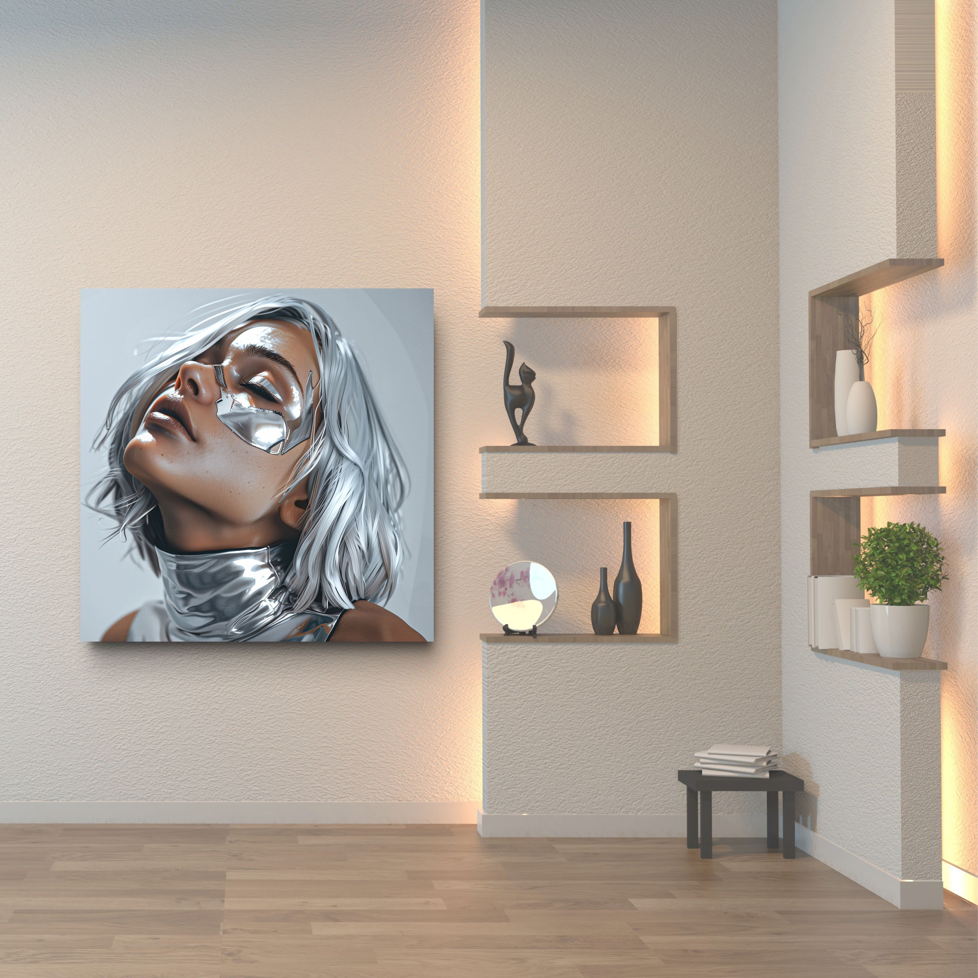 Modern interior with a painting of a woman's face on the wall and decorative shelves.