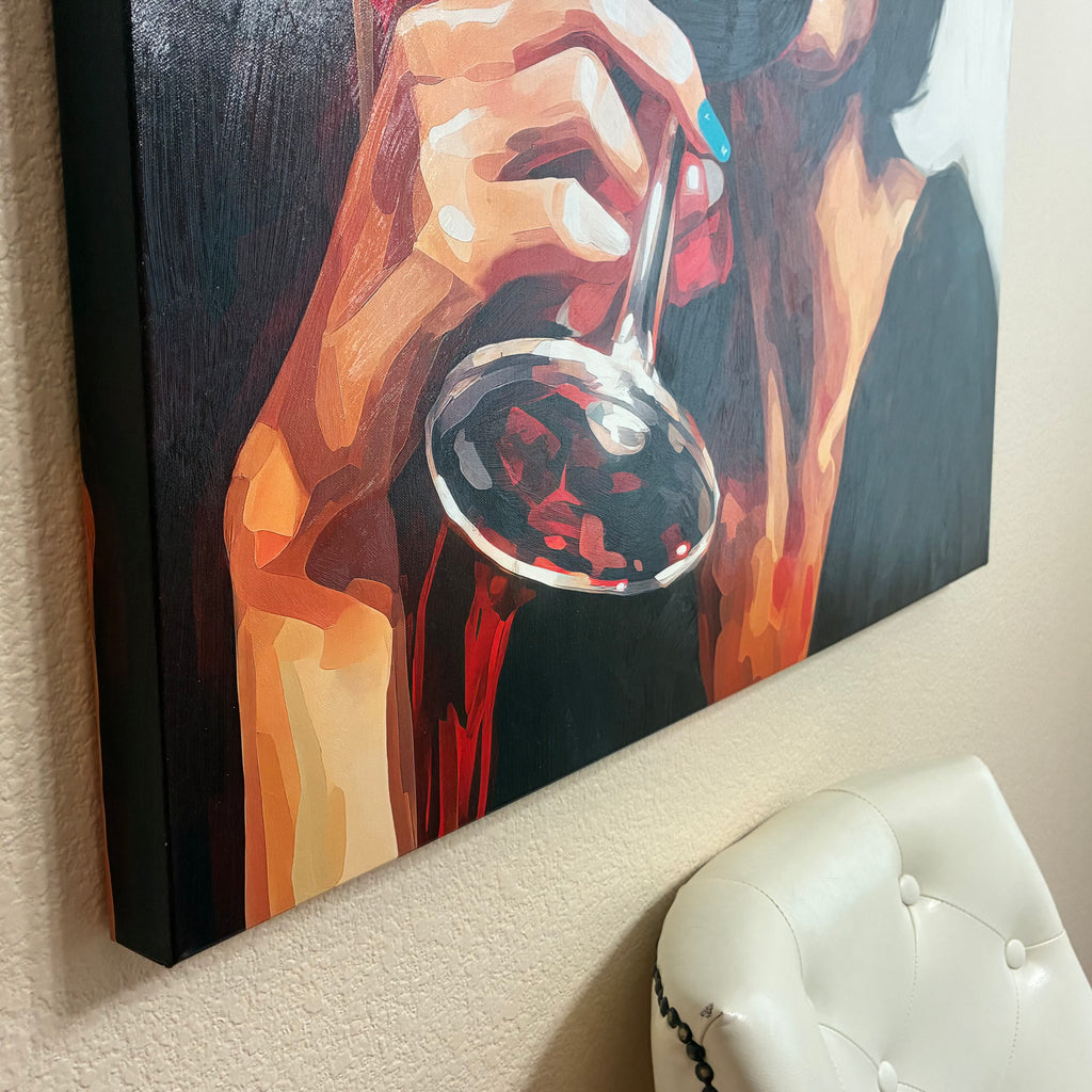 Elegant Woman Holding Wine Glass Canvas Wall Art, Moody Red Wine Artwork, Wine Lovers Gift, Modern Home Bar Kitchen & Dining Room Decor