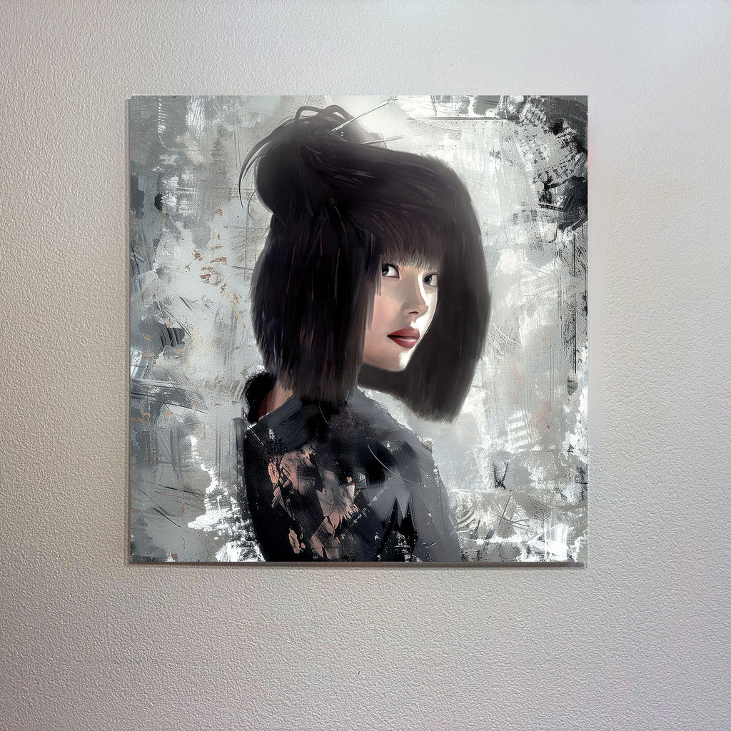 Artistic depiction of a woman with a textured gray background