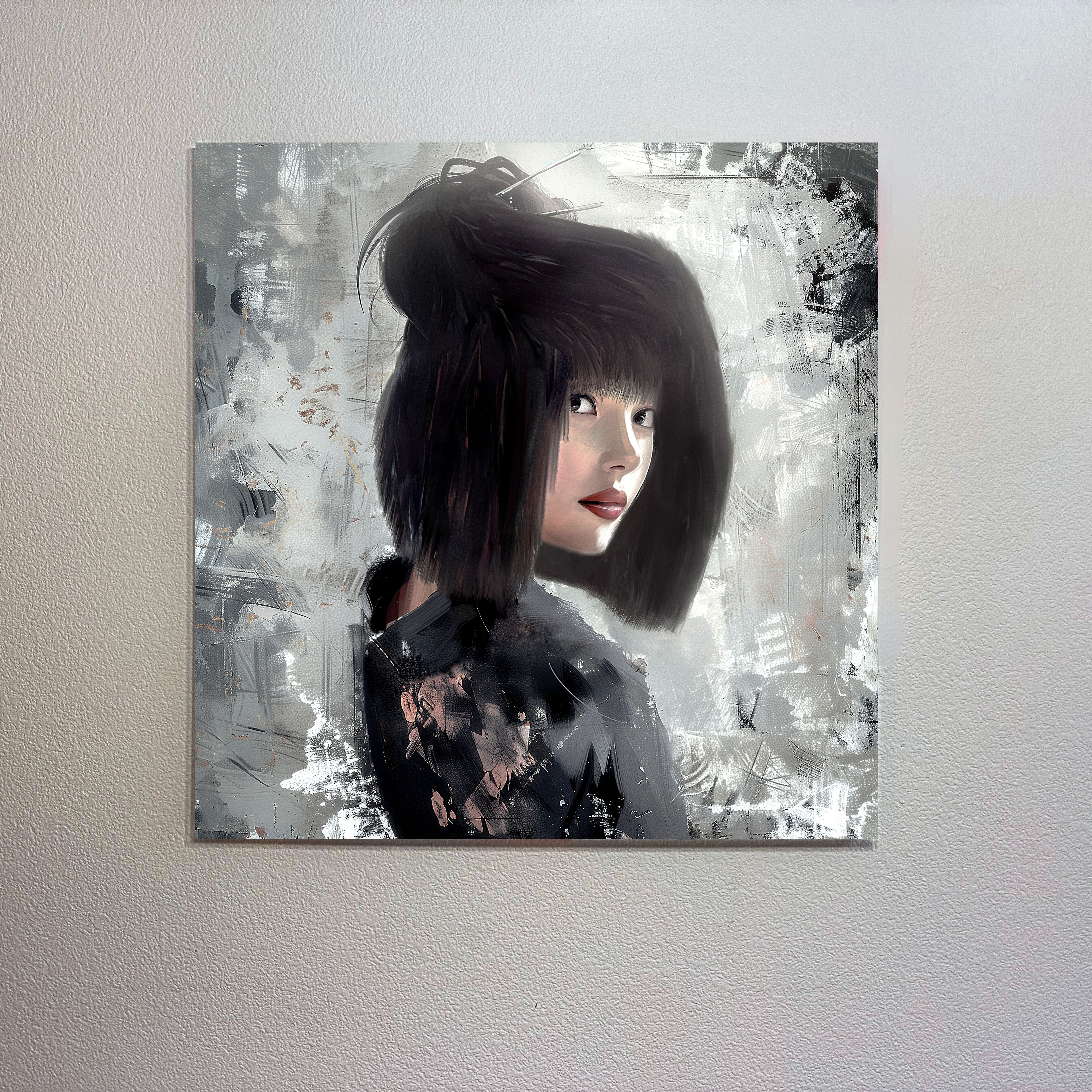 Artistic depiction of a woman with a textured gray background