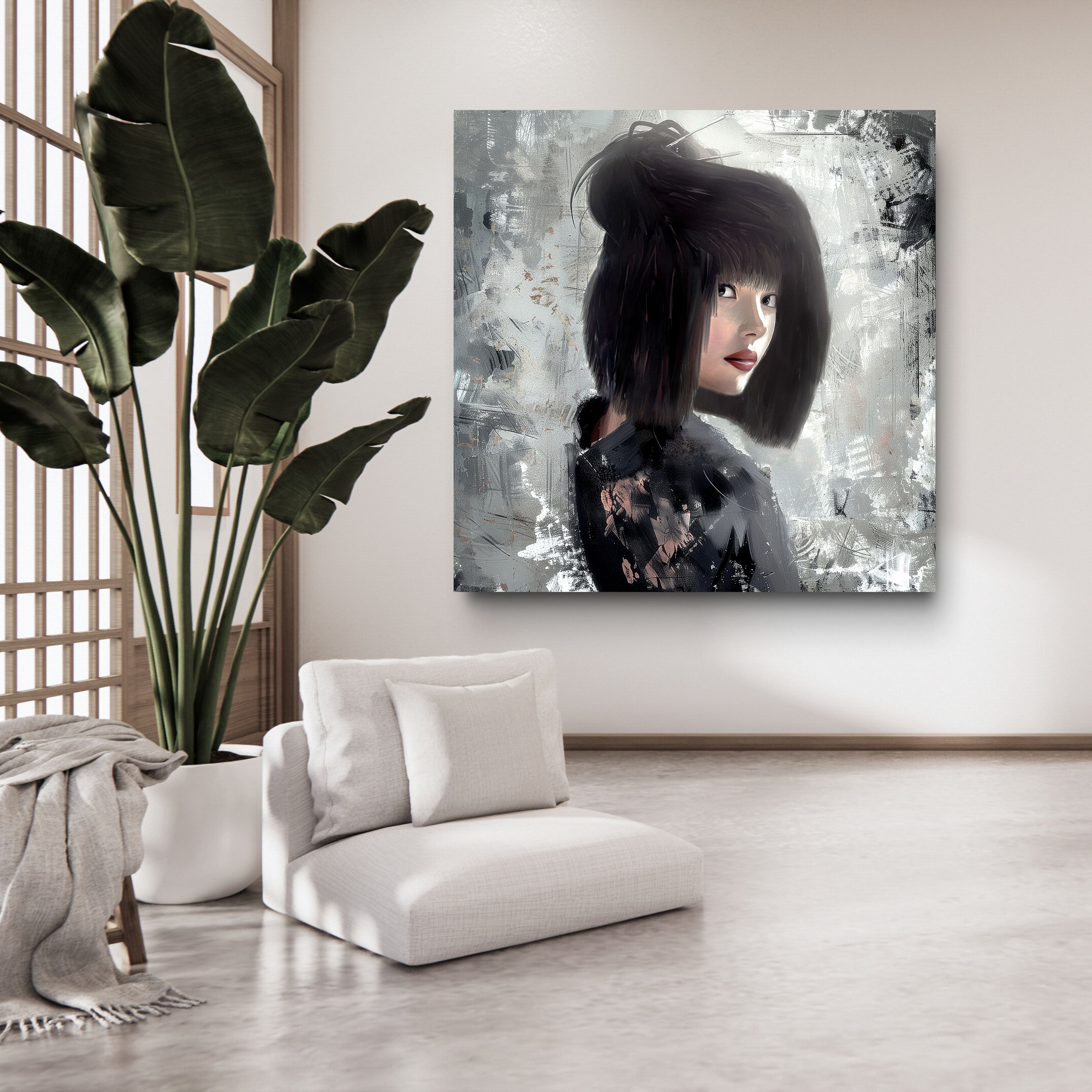 Modern living room with a white sofa, potted plant, and a large abstract painting on the wall.
