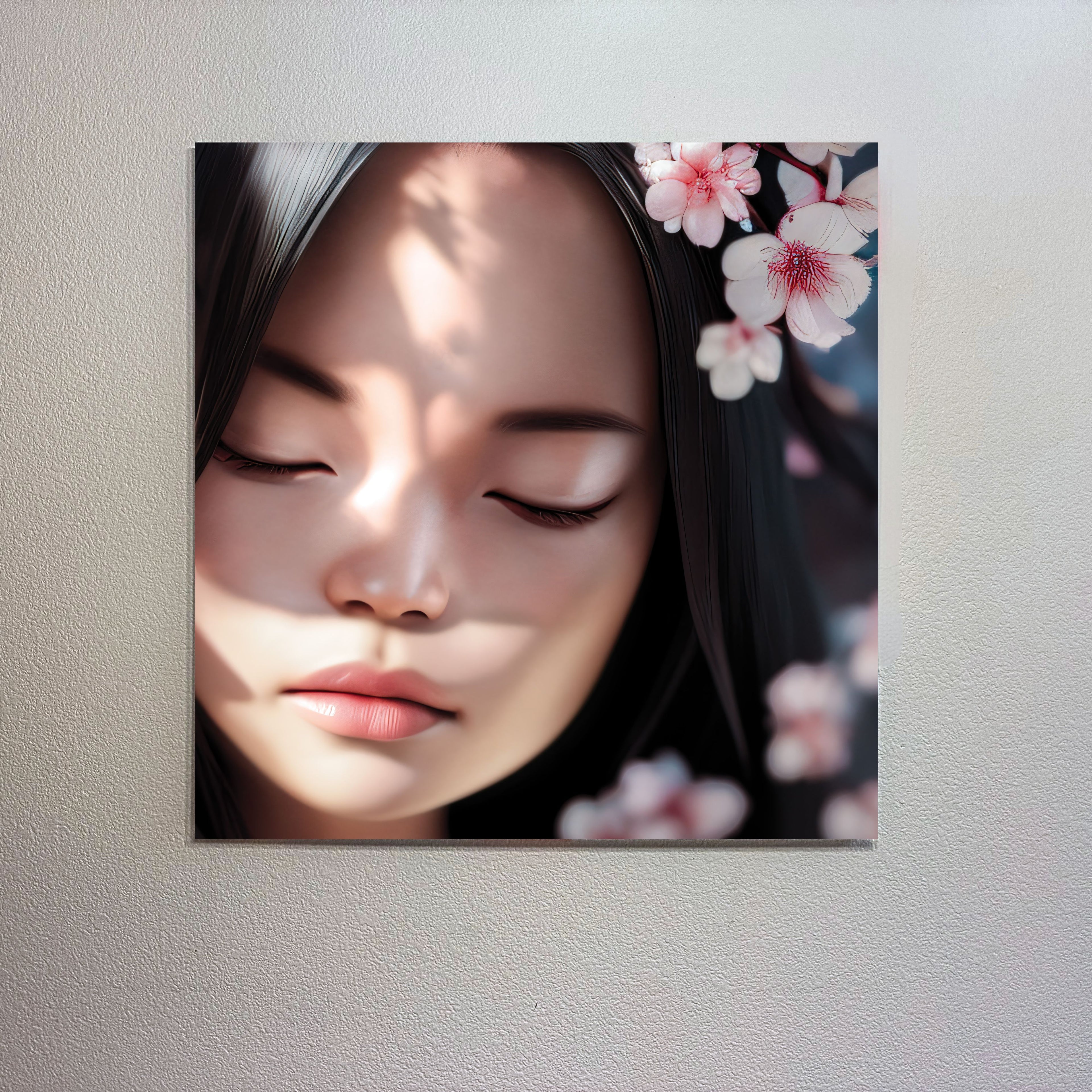Art print of a woman's face with cherry blossoms on a textured wall.