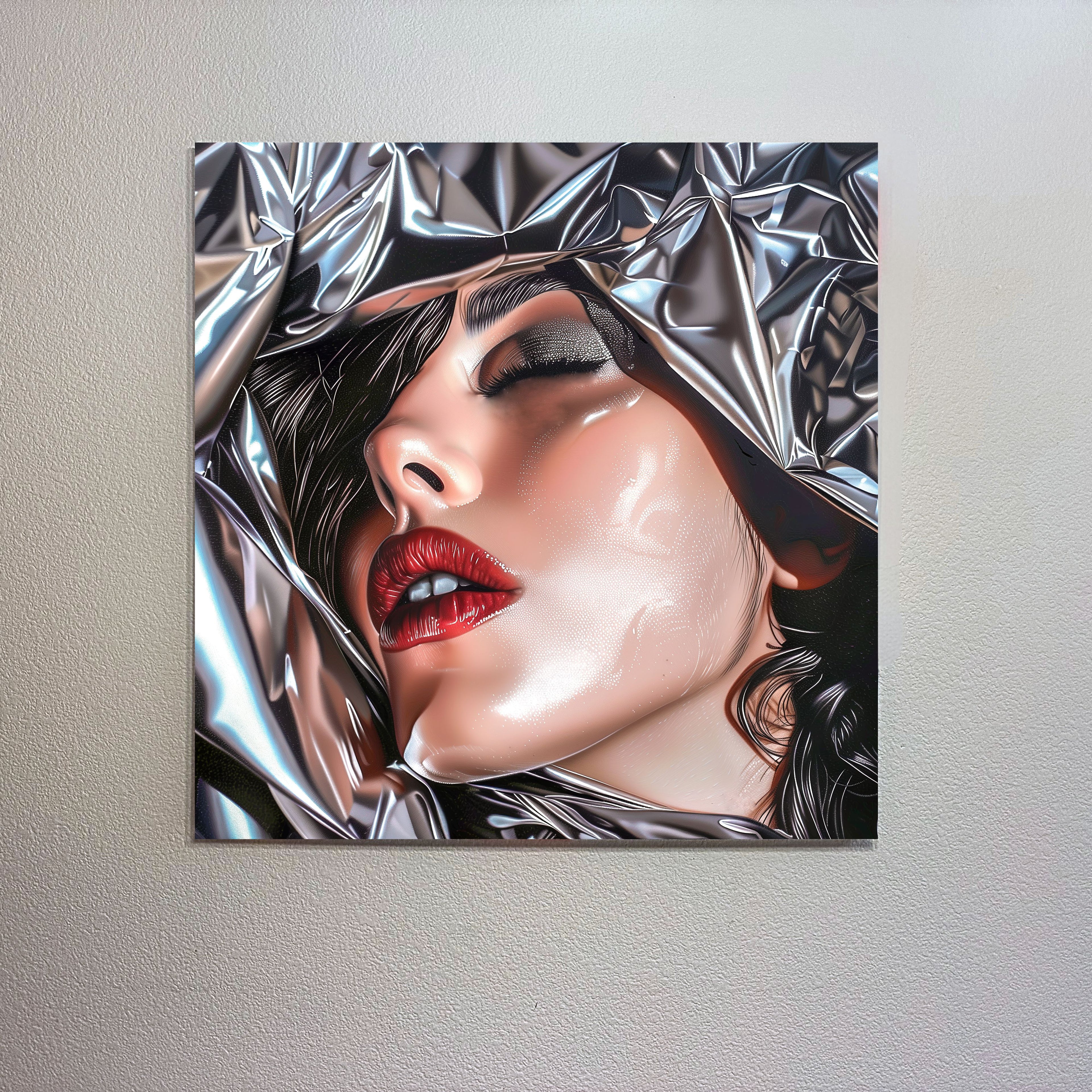 Artistic depiction of a woman's face with red lipstick on a metallic background