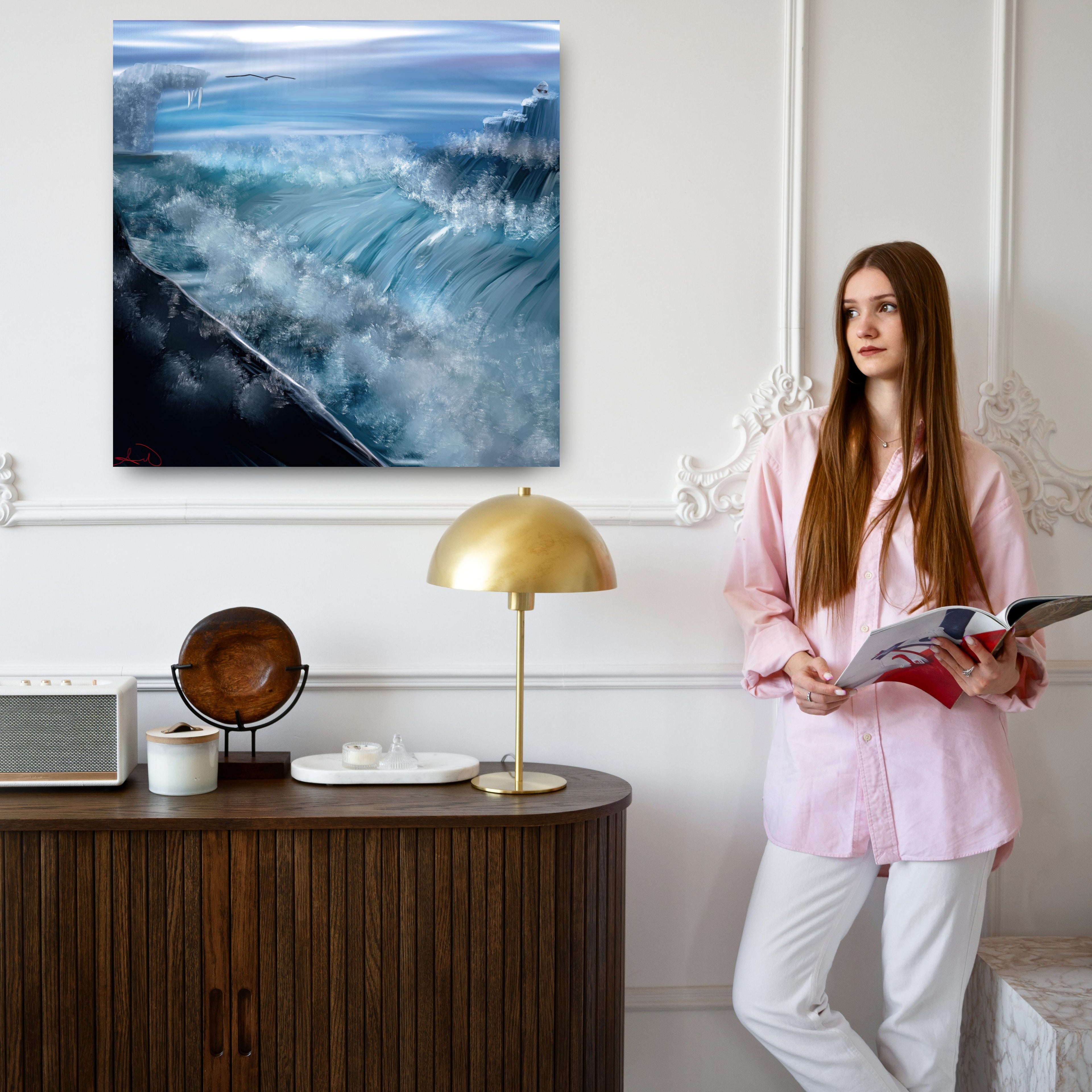Arctic Ocean Canvas Wall Art, Blue Wave Painting, Glacier Sea Artwork, Coastal Home Decor