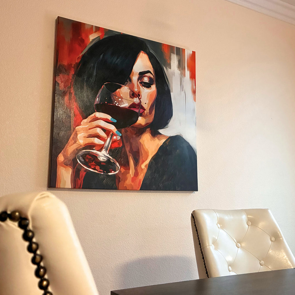 Painting of a woman holding a glass of red wine on a wall above a table.