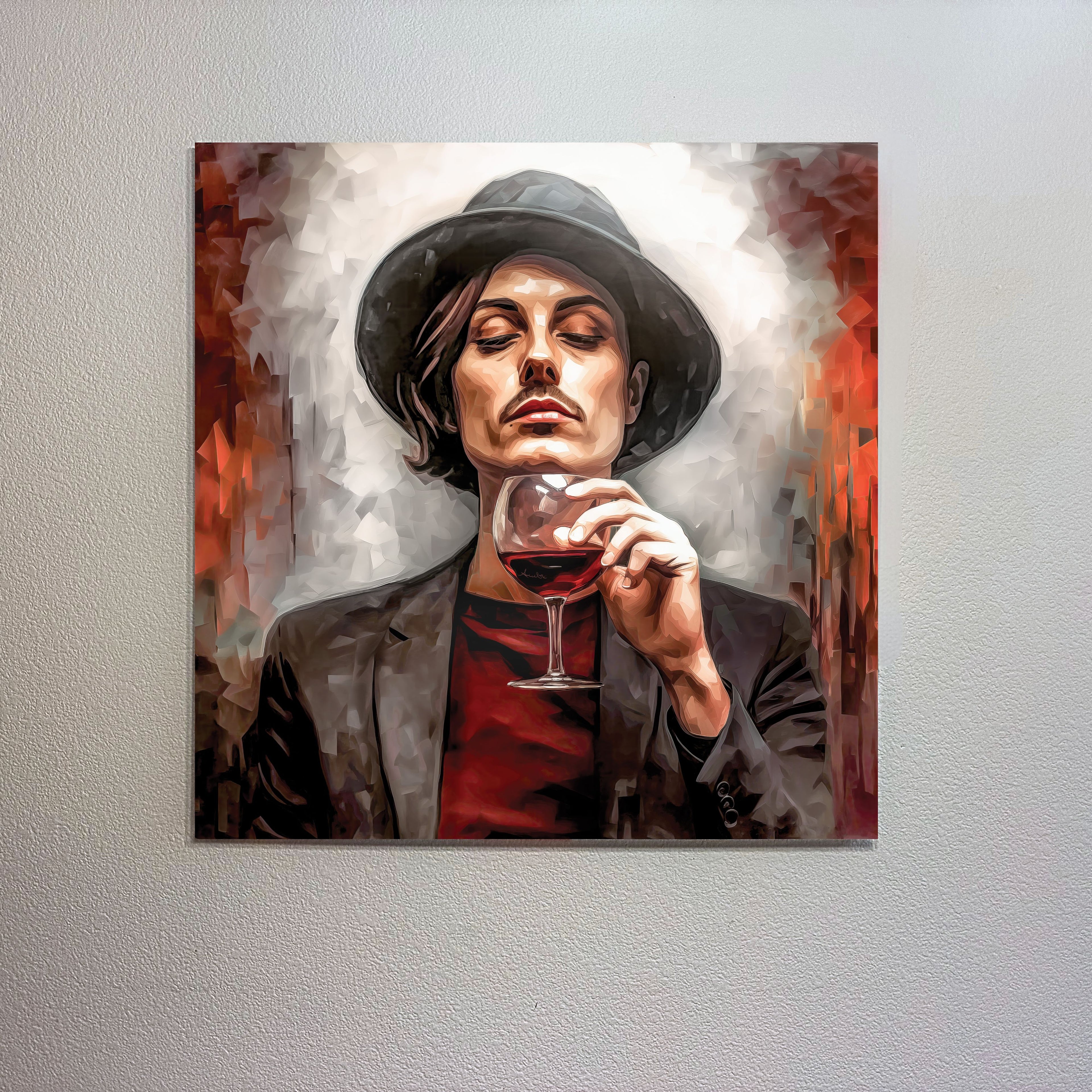 Artistic depiction of a person holding a glass of red wine against a textured wall.
