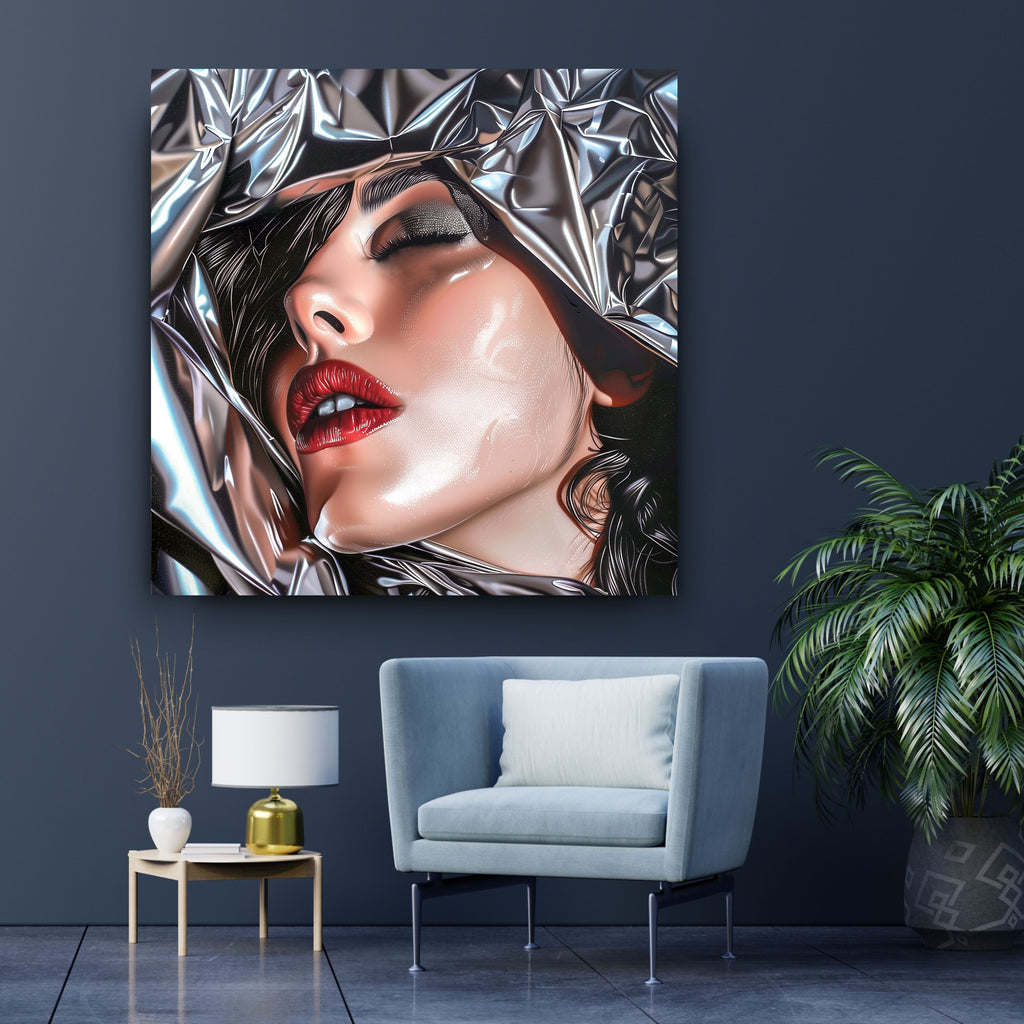 Silver Fashion Red Lips Woman Canvas Wall Art, Platinum Beauty Portrait, Chrome Female Art, Modern Feminine Artwork, Chic Nail Salon Decor