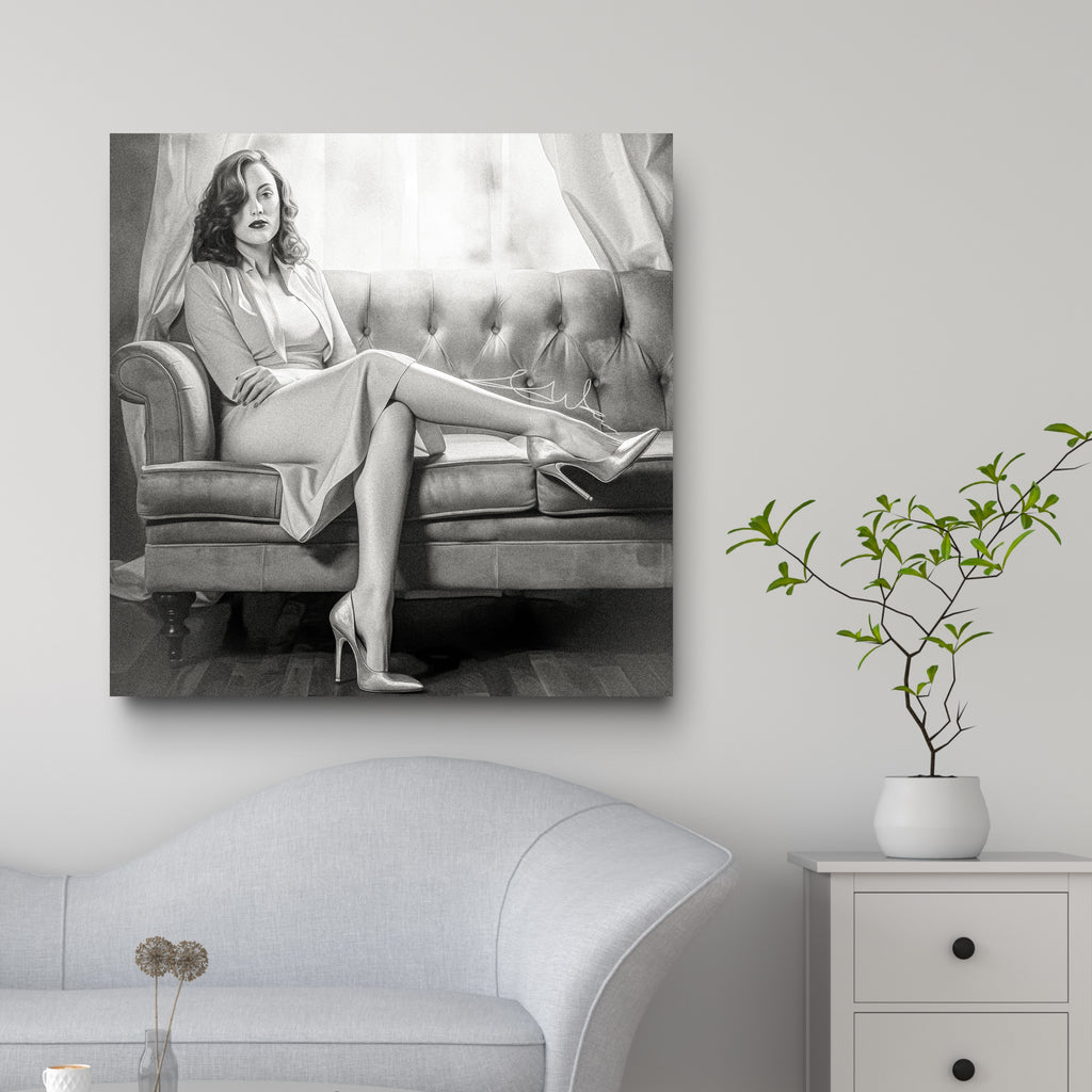 Black and white canvas wall art of woman sitting, modern minimalist living room with neutral decor and white sofa