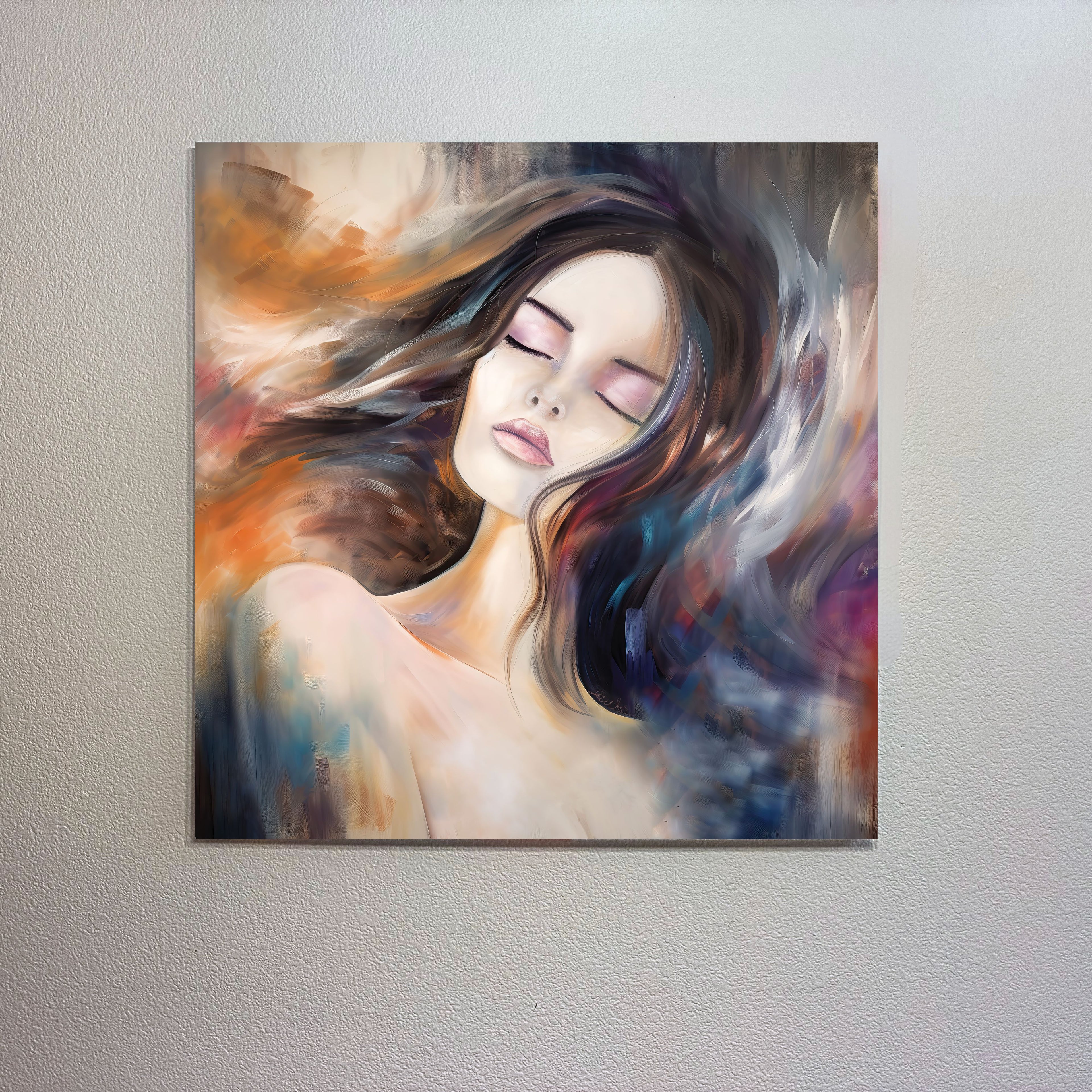 Abstract painting of a woman with flowing hair on a textured wall.