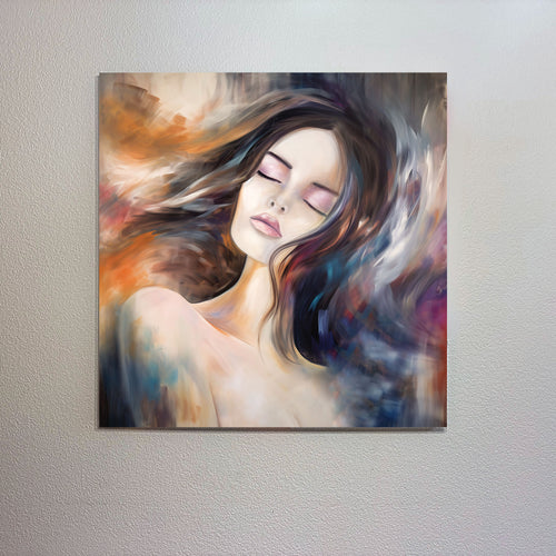 Abstract painting of a woman with flowing hair on a textured wall.