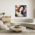Modern living room with a painting of a woman on the wall, a sofa, and a coffee table.
