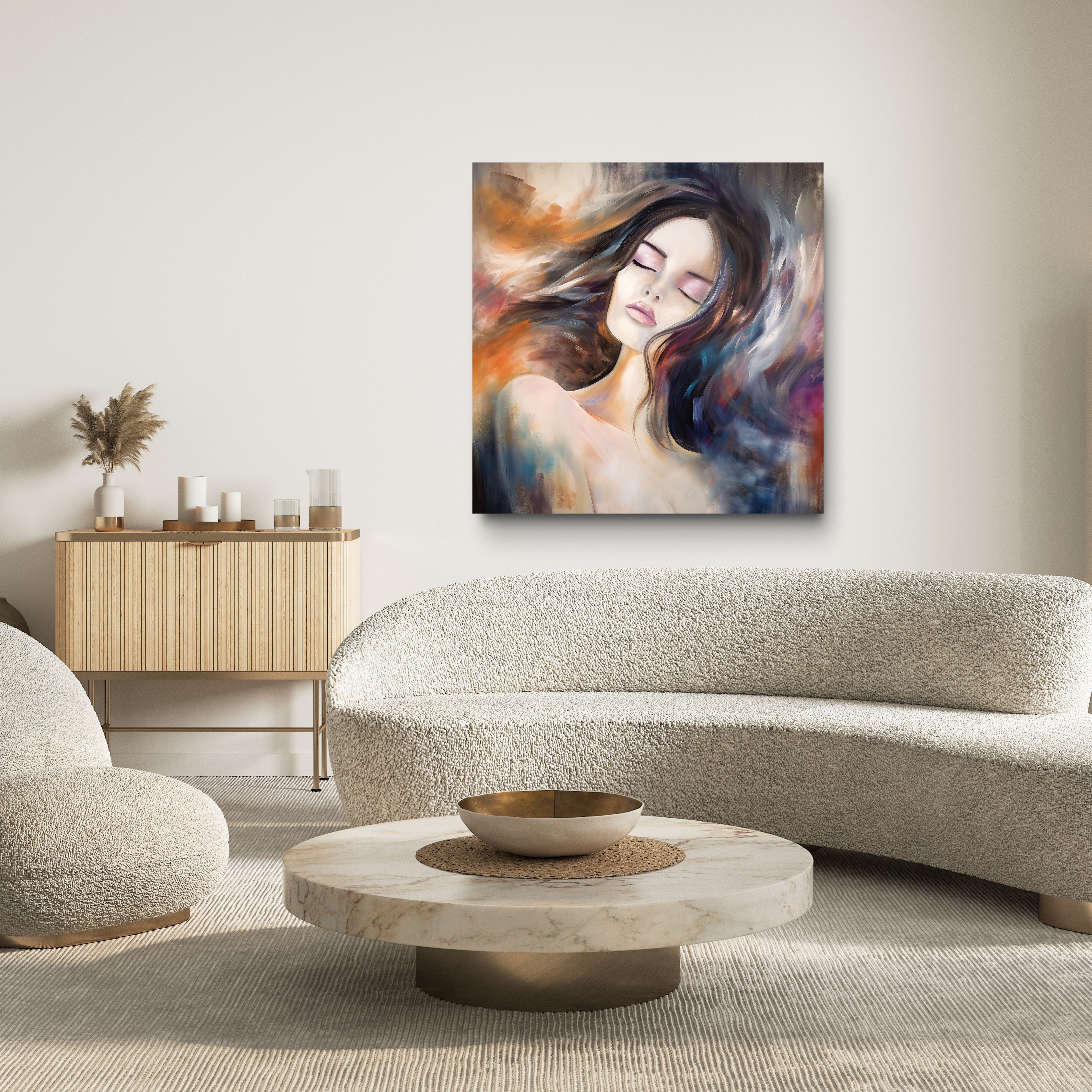 Modern living room with a painting of a woman on the wall, a sofa, and a coffee table.