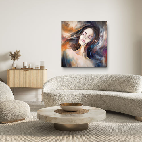 Modern living room with a painting of a woman on the wall, a sofa, and a coffee table.
