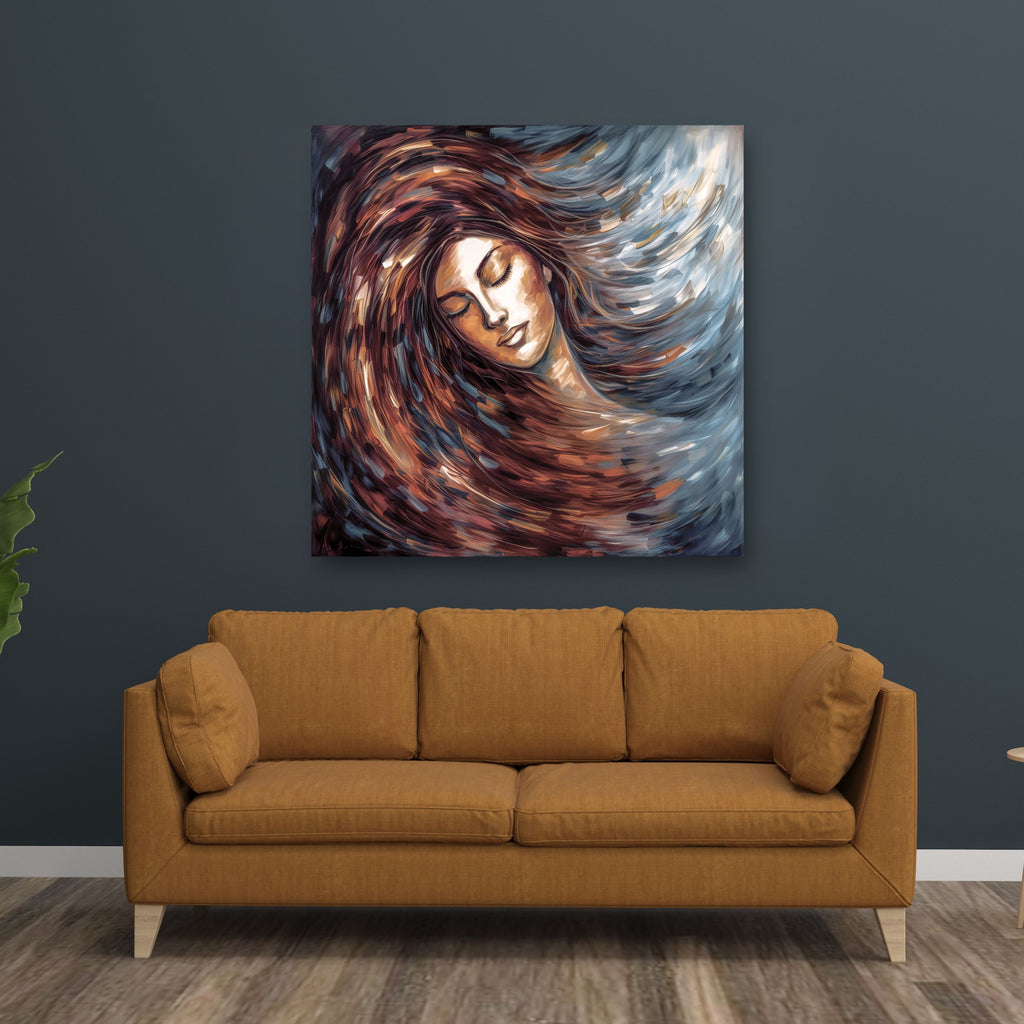 Earth Tone Brown Abstract Woman Canvas Wall Art, Figurative Female Portrait Painting, Serene Modern Spa Decor, Contemporary Feminine Artwork