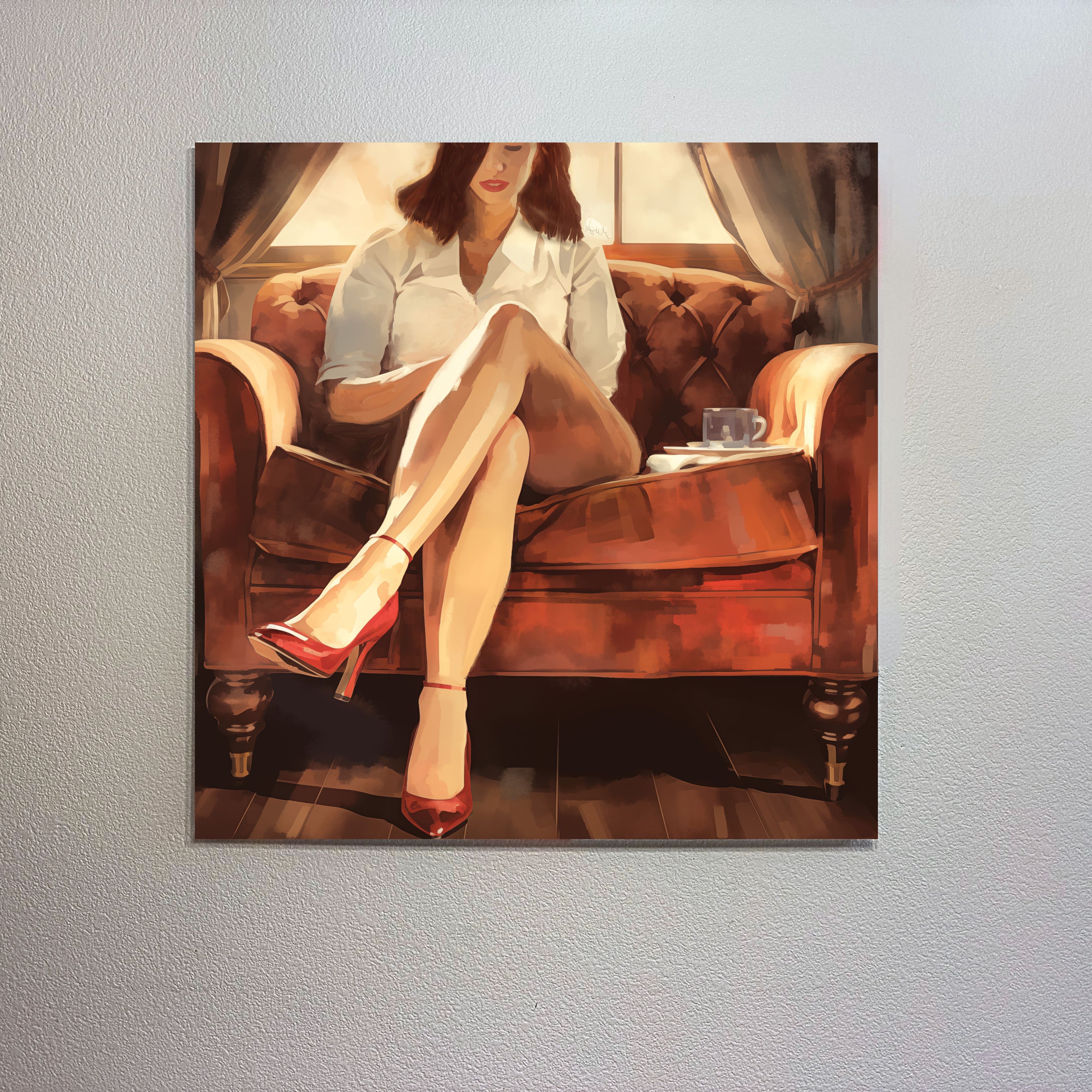 Woman sitting on a brown leather couch wearing red high heels, with a glass of water on a small table.