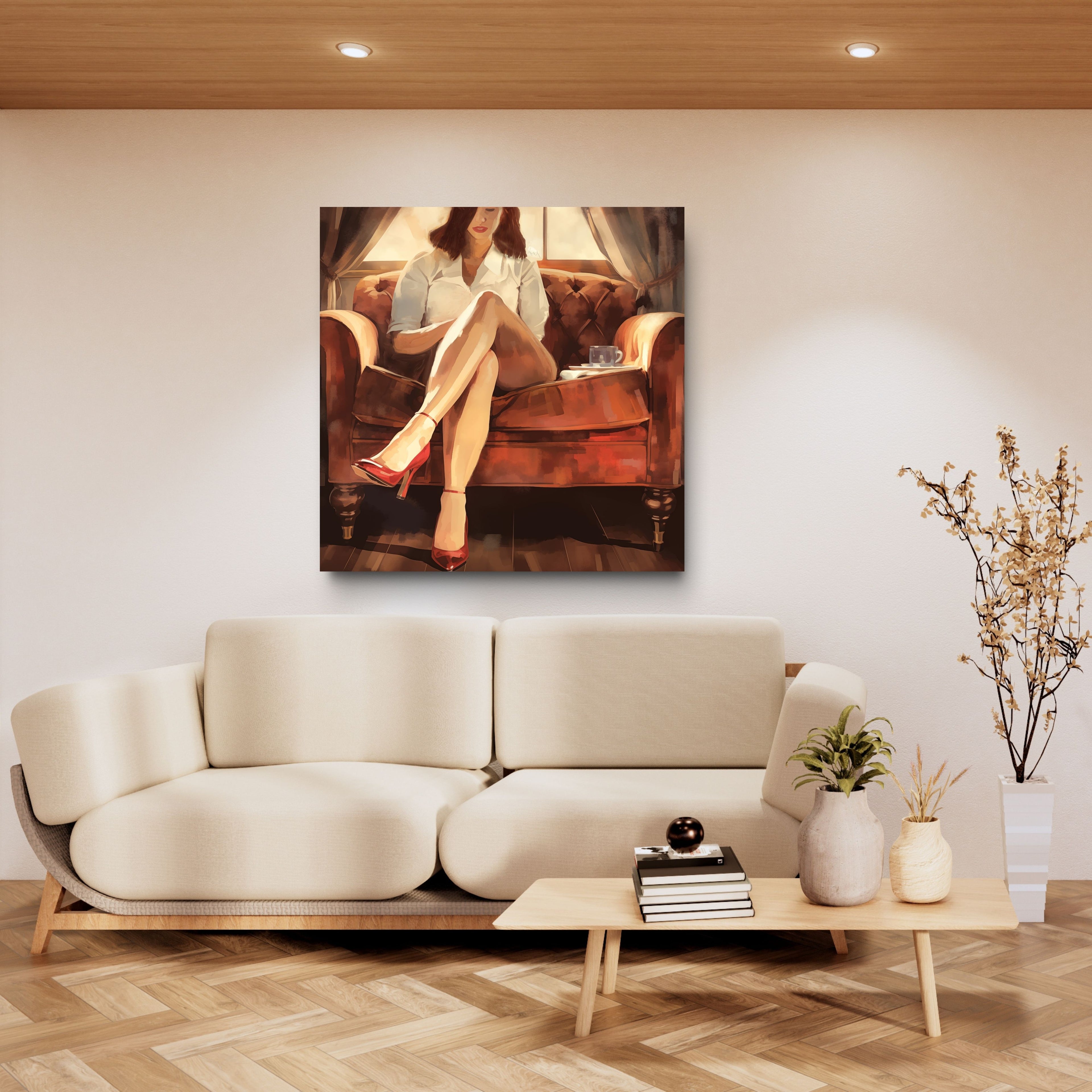 Living room with a beige sofa, coffee table, and wall art of a woman in a chair.