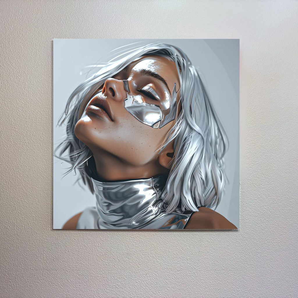 Artistic depiction of a person with metallic face paint on a plain wall.