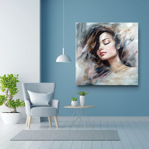 Modern interior with a painting of a woman on a blue wall, a gray armchair, and a small round table with plants.