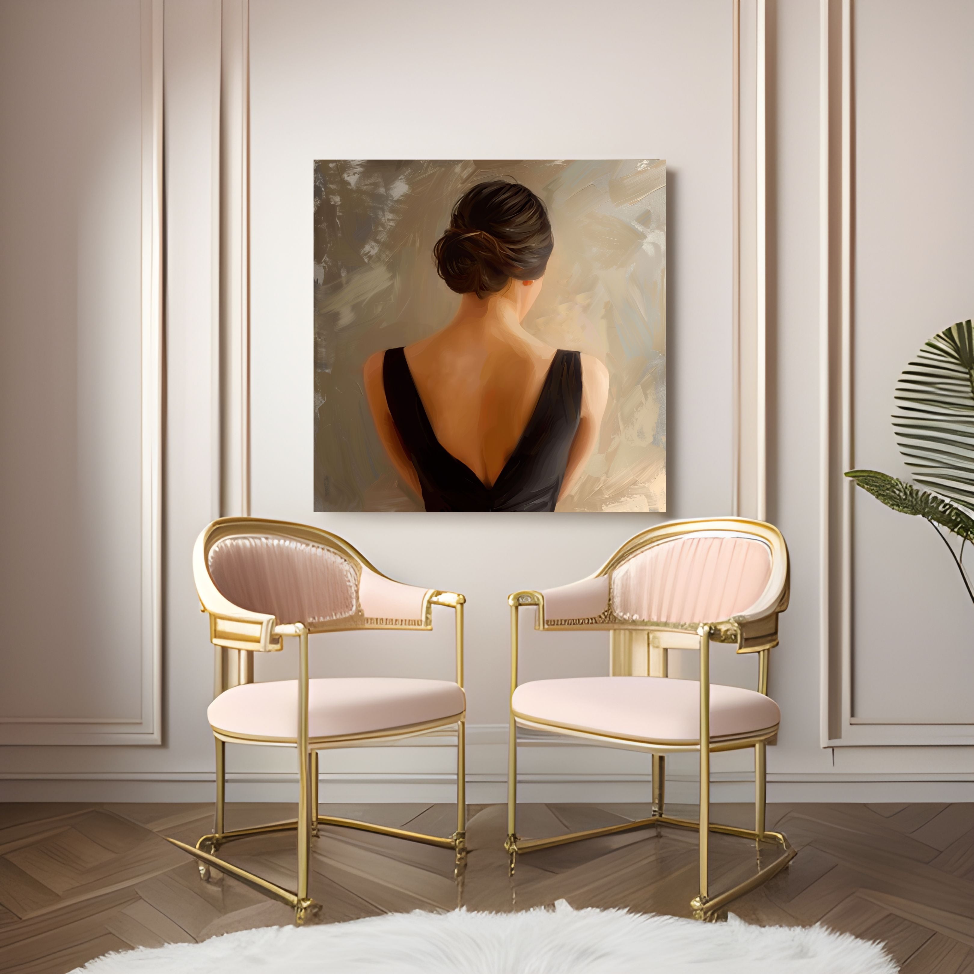 Elegant Woman Square Portrait Canvas Wall Art, Minimalist Back View Painting, Neutral Beige Modern Feminine Decor, Soft Aesthetic Artwork