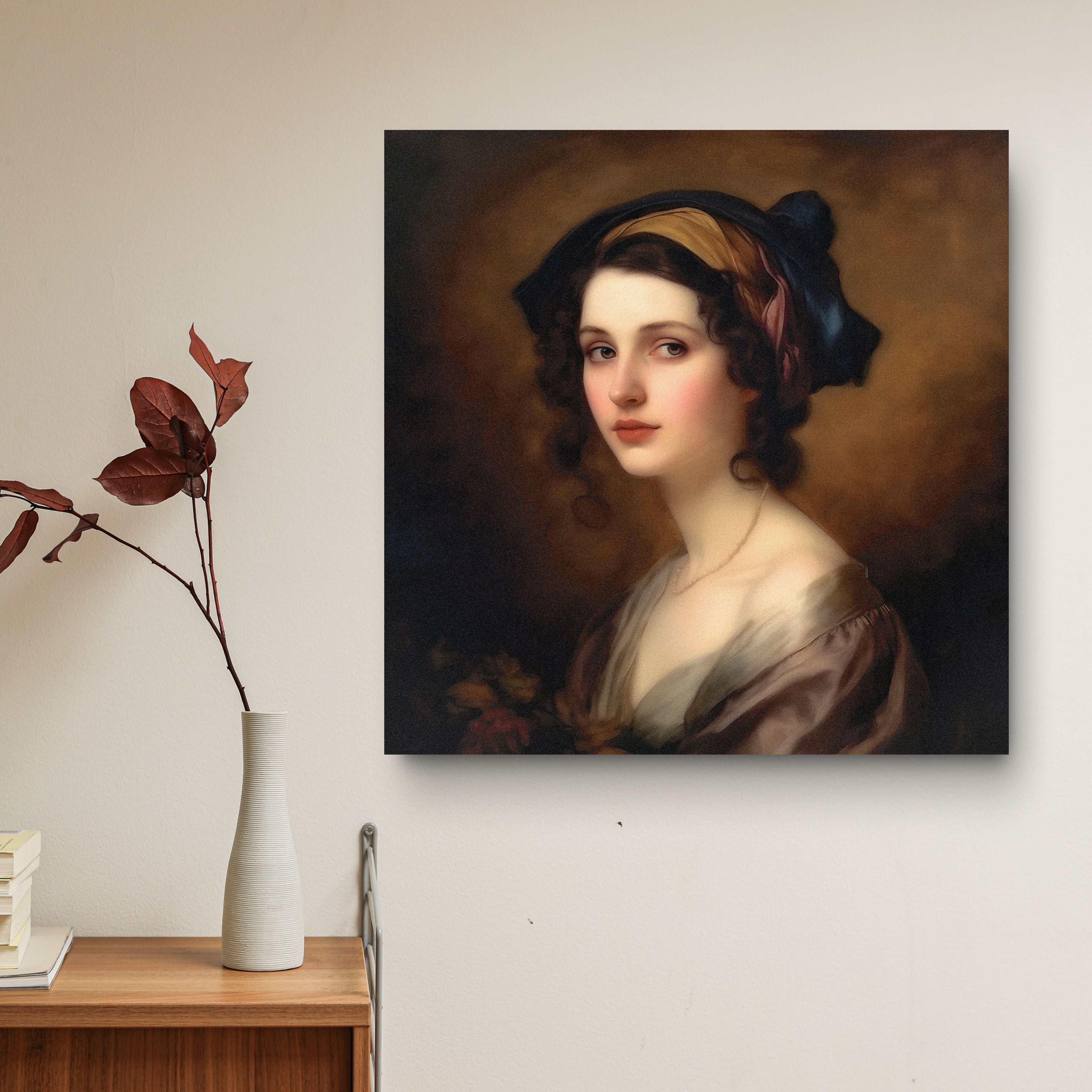 Portrait of a woman with a large bow on her head hanging on a wall above a desk.