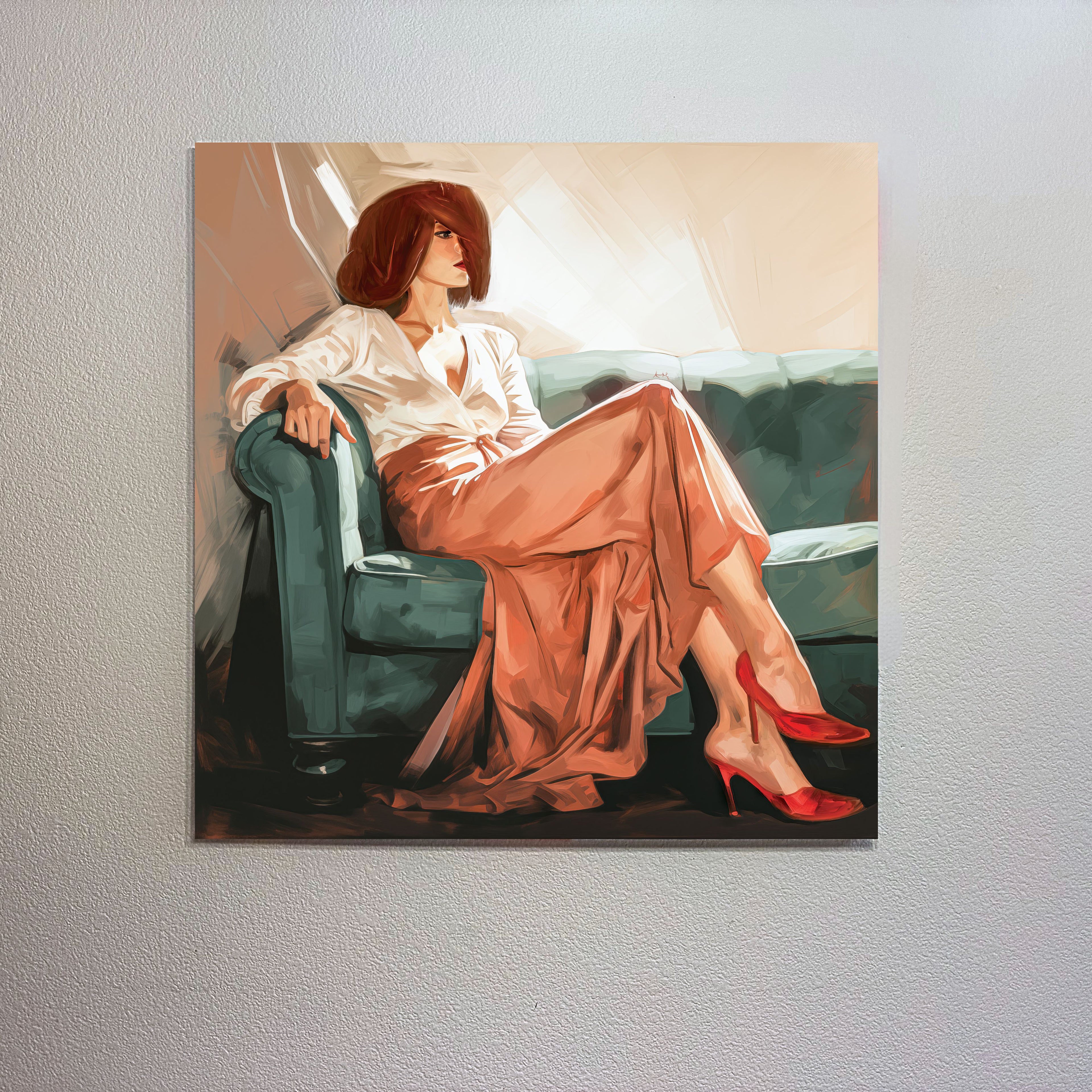 Painting of a woman sitting on a couch with red shoes on a textured wall.