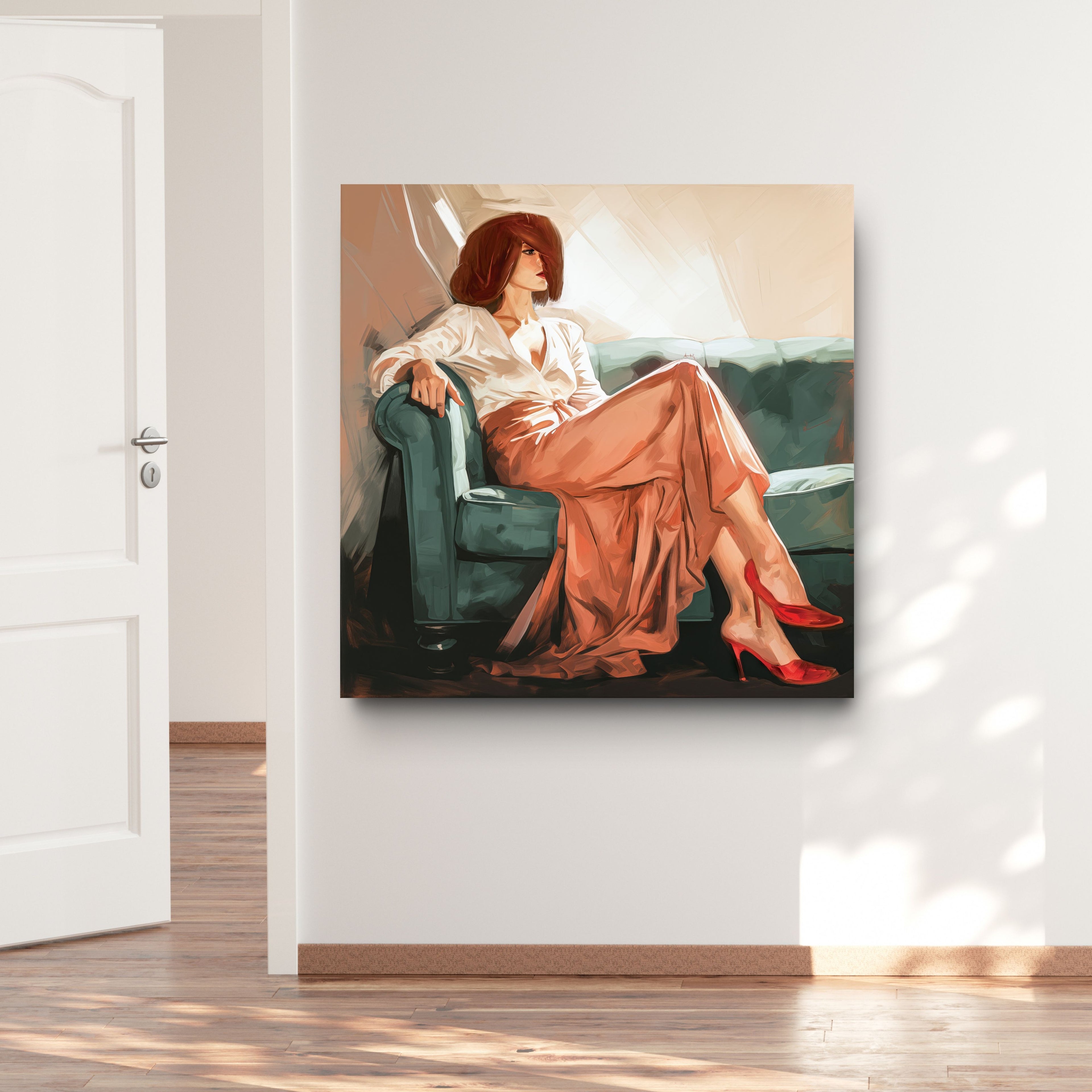Painting of a woman sitting on a couch in a room with a white door.