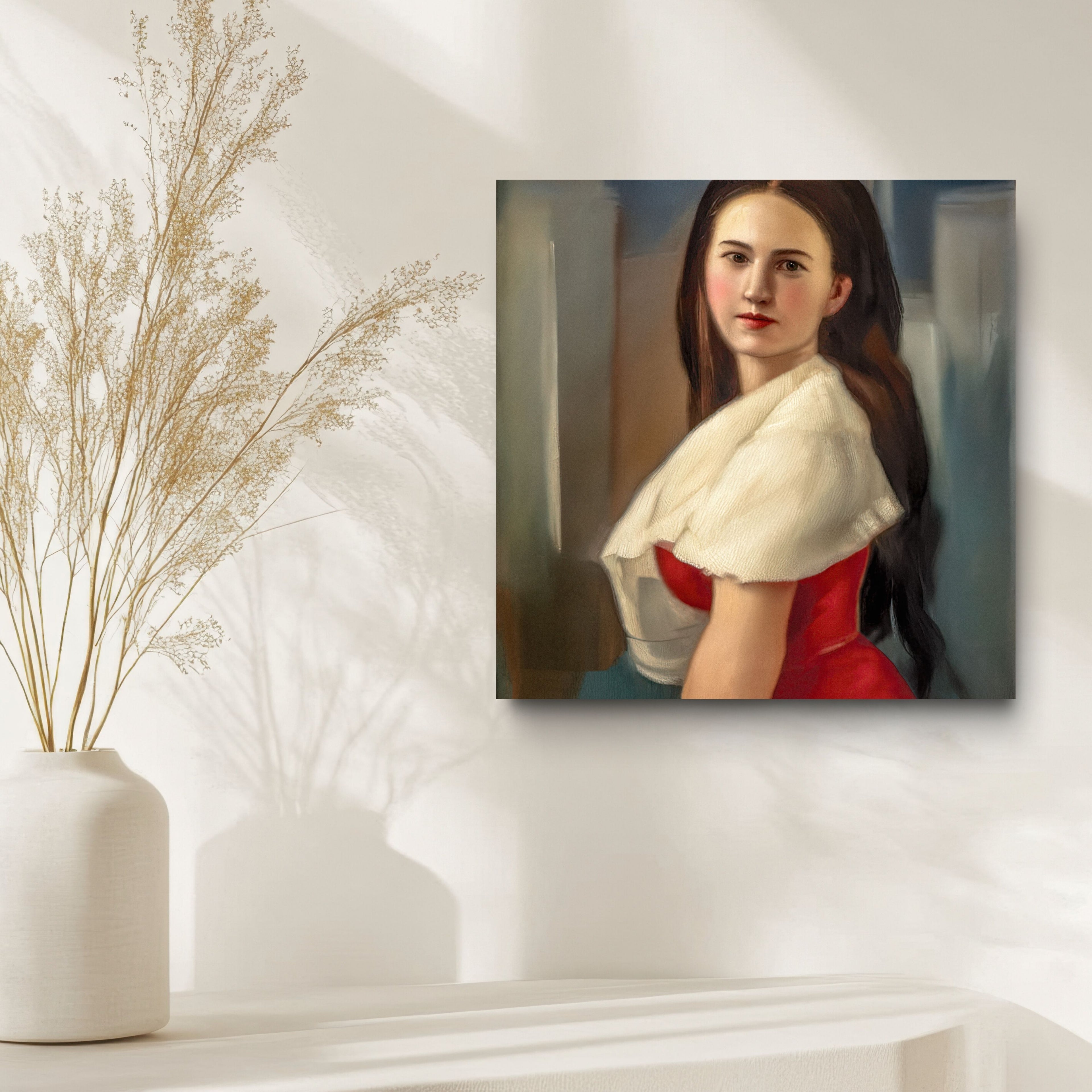 Portrait of a woman in a red dress with a white shawl on a wall above a white vase with dried plants.