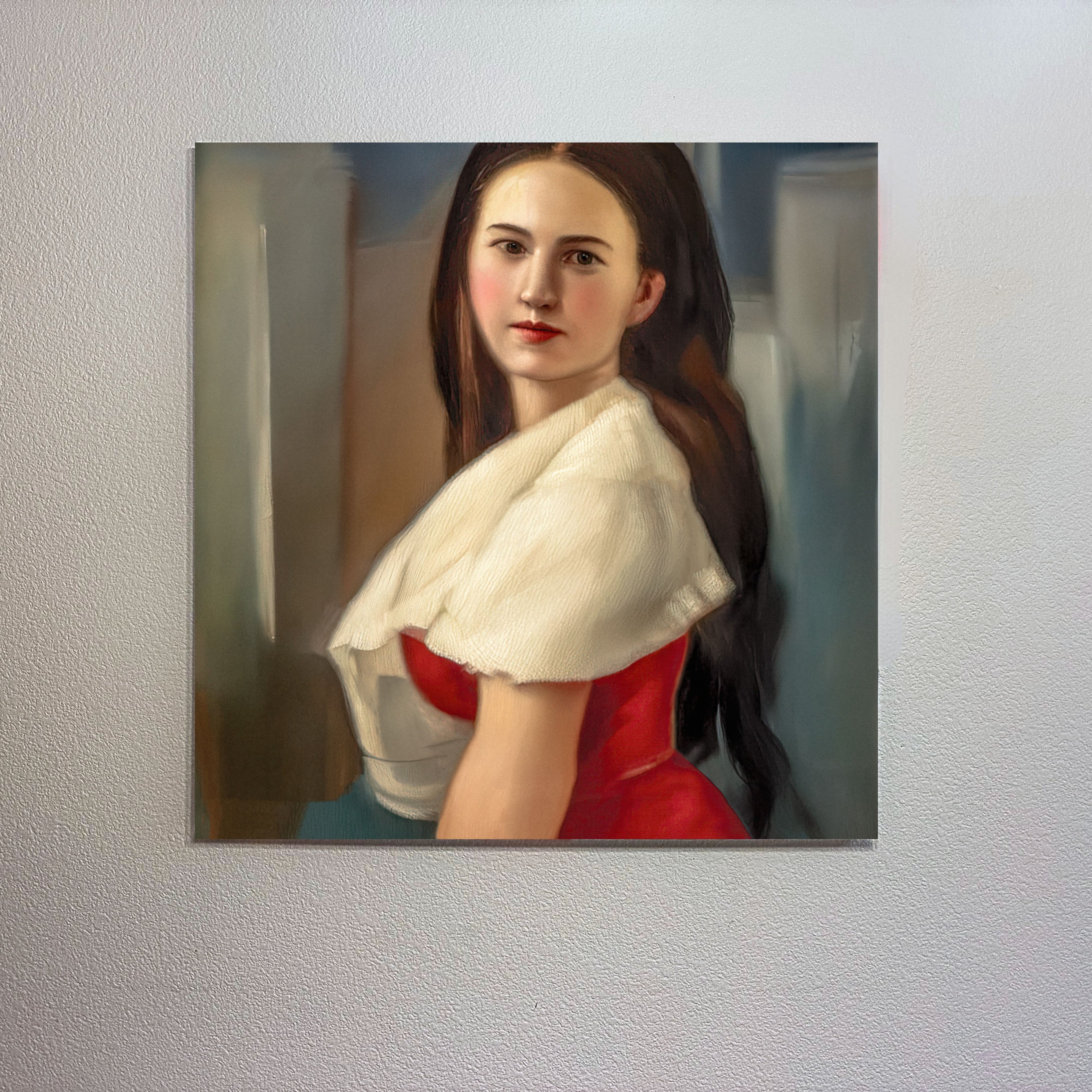 Portrait of a woman with a white shawl and red dress on a textured wall.