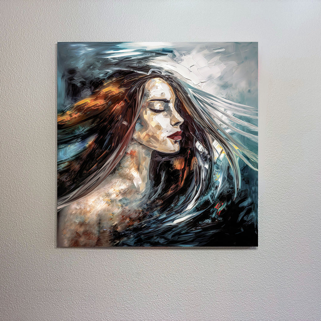 Abstract painting of a woman with flowing hair on a plain wall