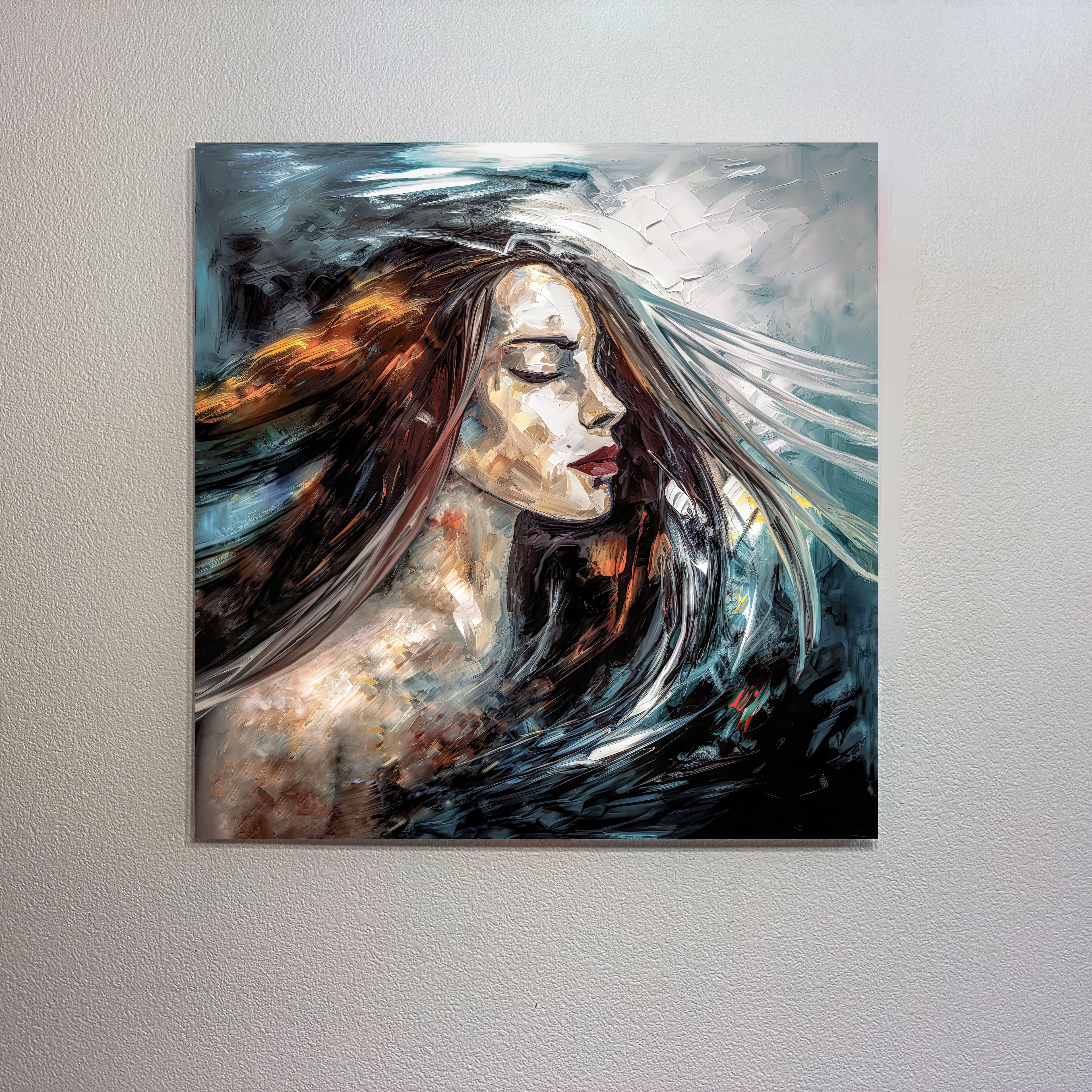 Abstract painting of a woman with flowing hair on a plain wall