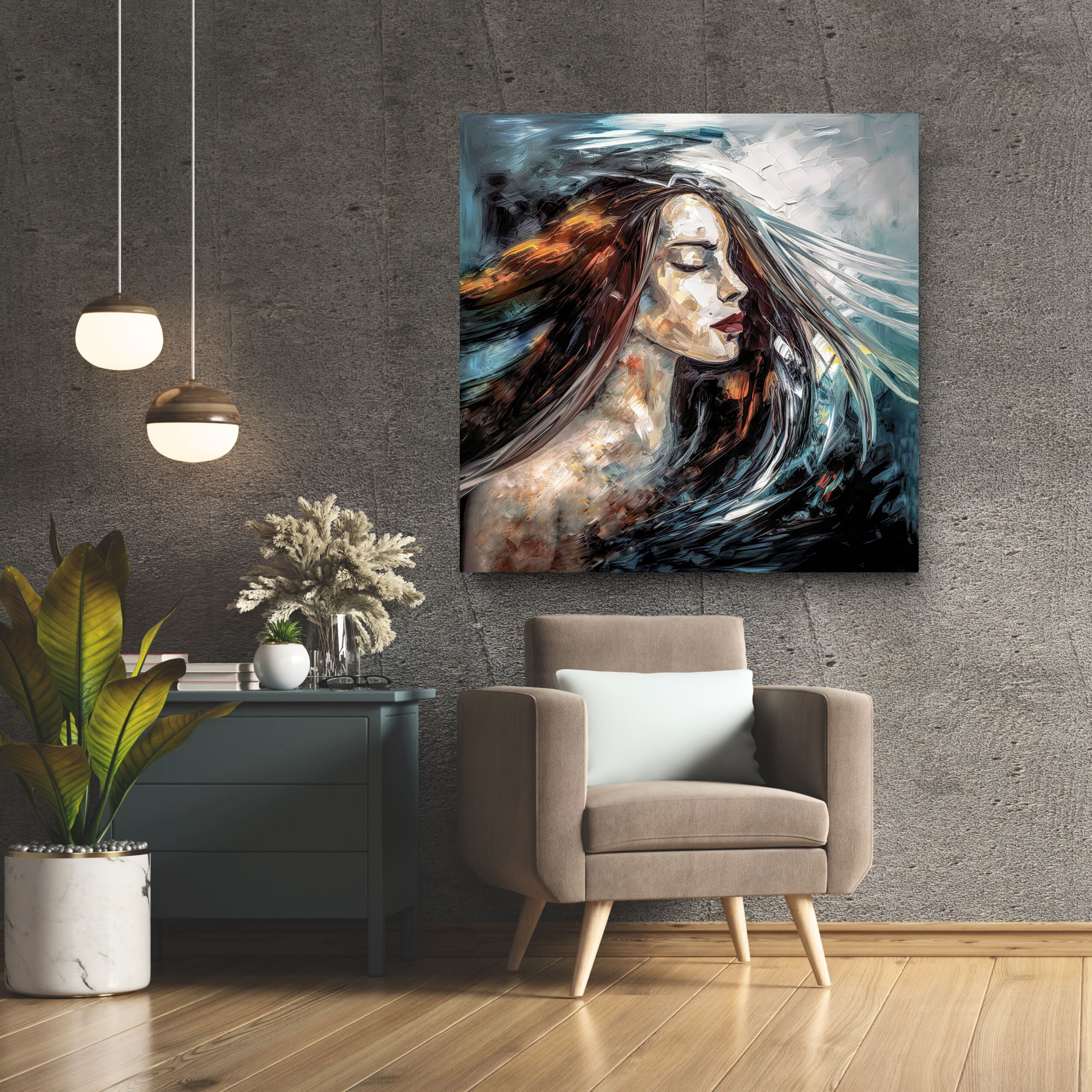 Modern interior with a painting of a woman's face on a wall, a chair, and decorative items.