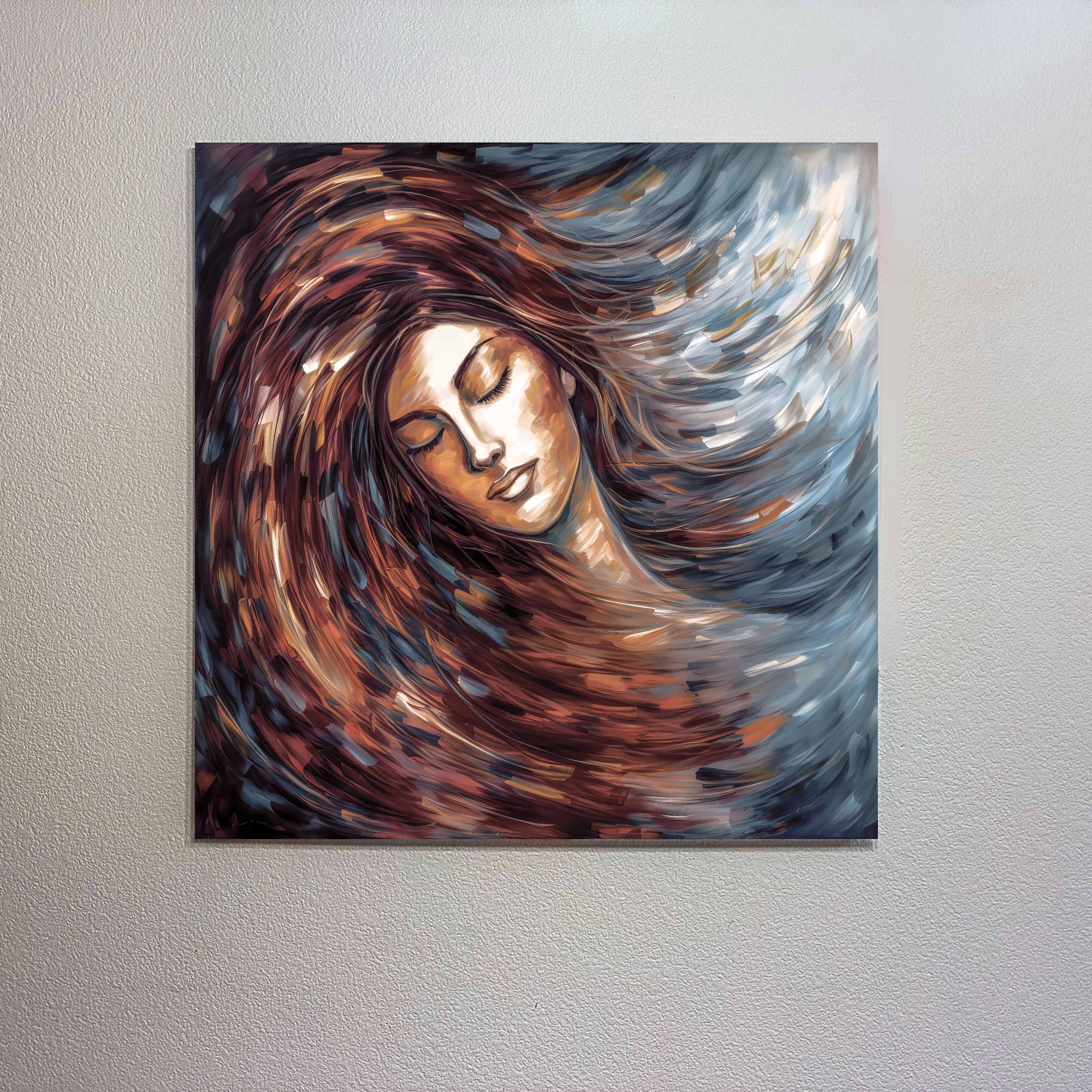 Artistic depiction of a woman with flowing hair on a textured wall.
