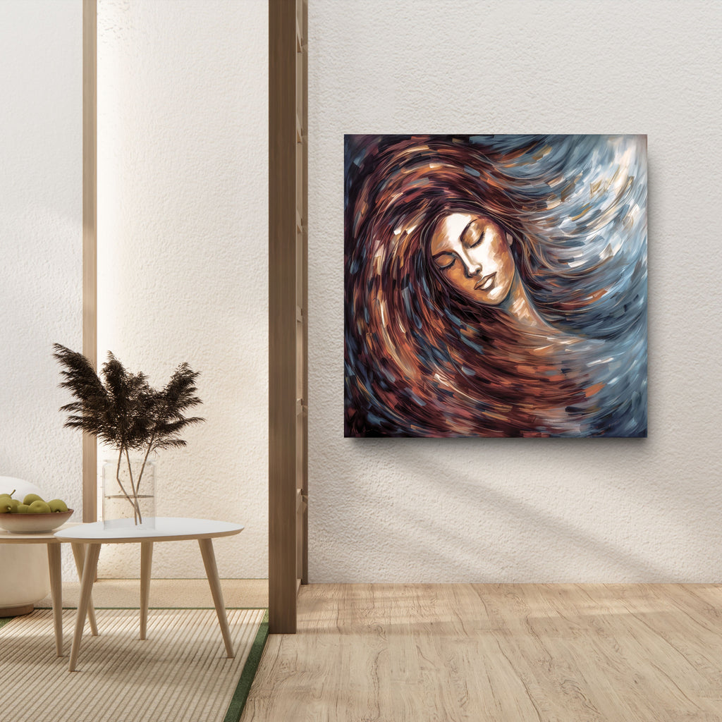 Abstract painting of a woman with flowing hair on a wall in a modern interior setting.