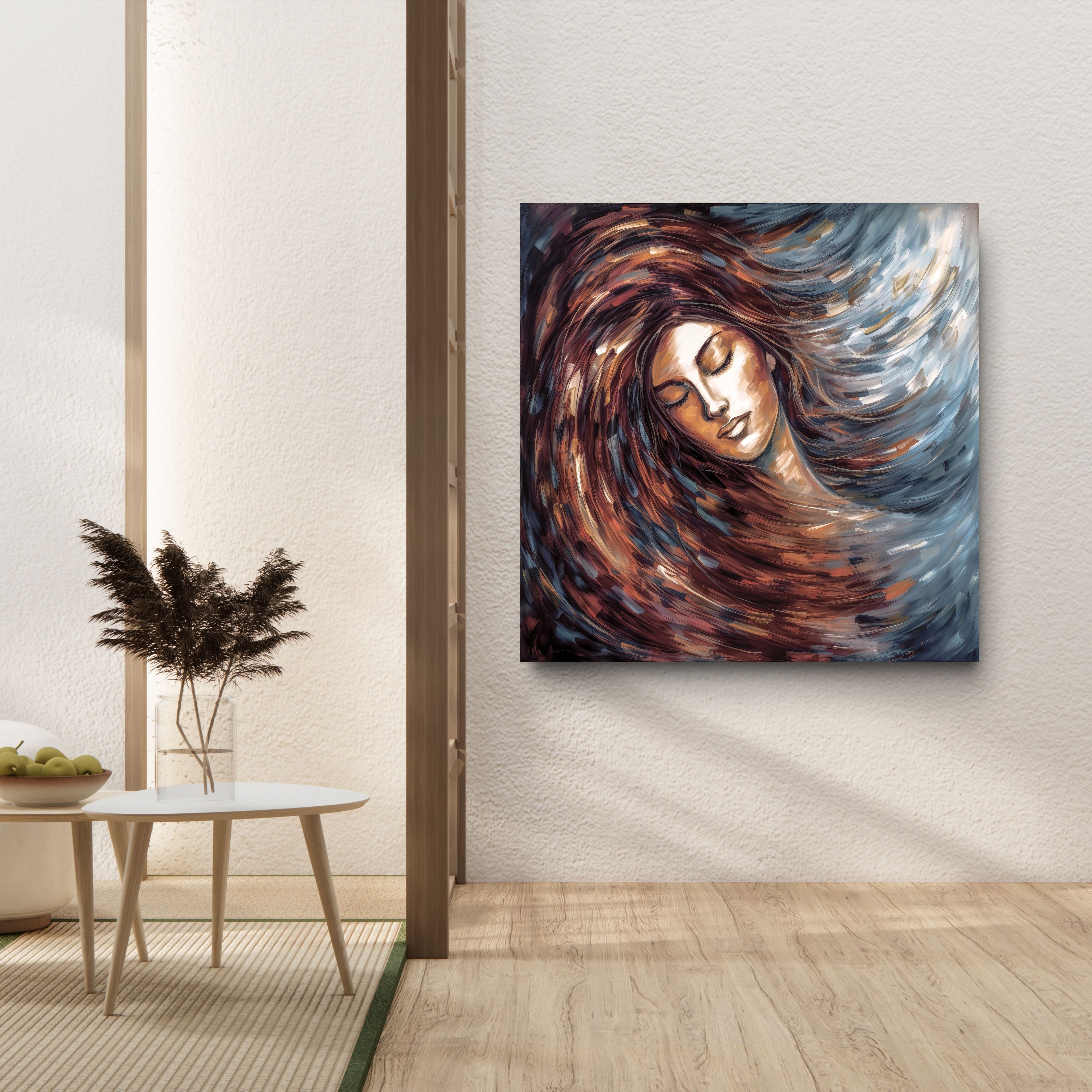 Abstract painting of a woman with flowing hair on a wall in a modern interior setting.