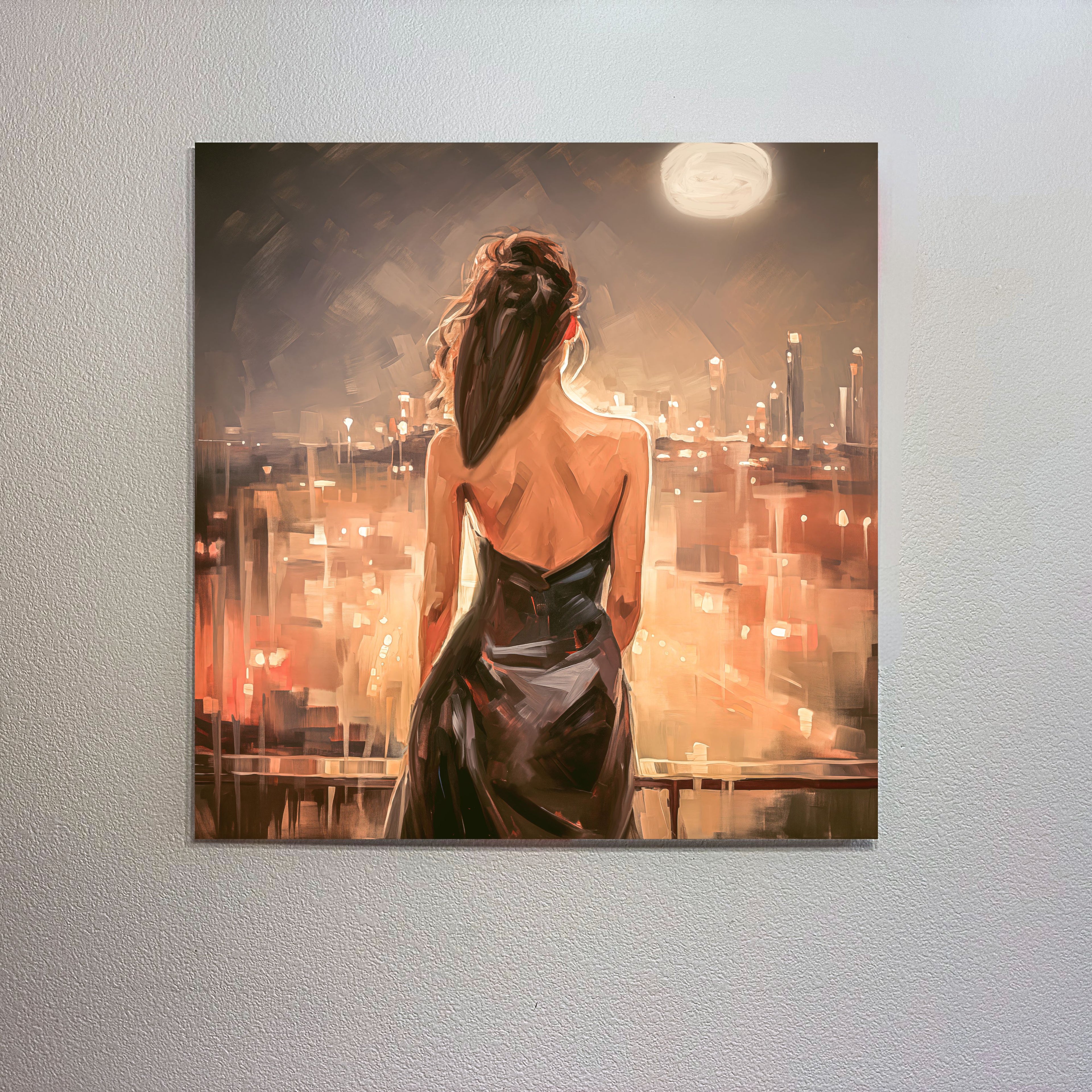 Artistic depiction of a woman in a dark dress looking at a cityscape with a full moon.