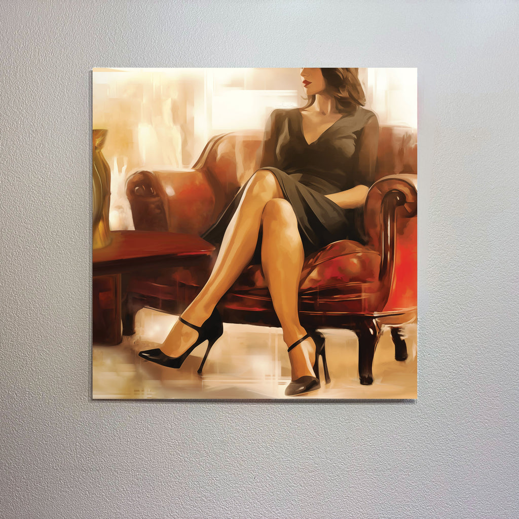 Woman in a dark dress sitting on a brown leather chair with high heels on a textured gray background