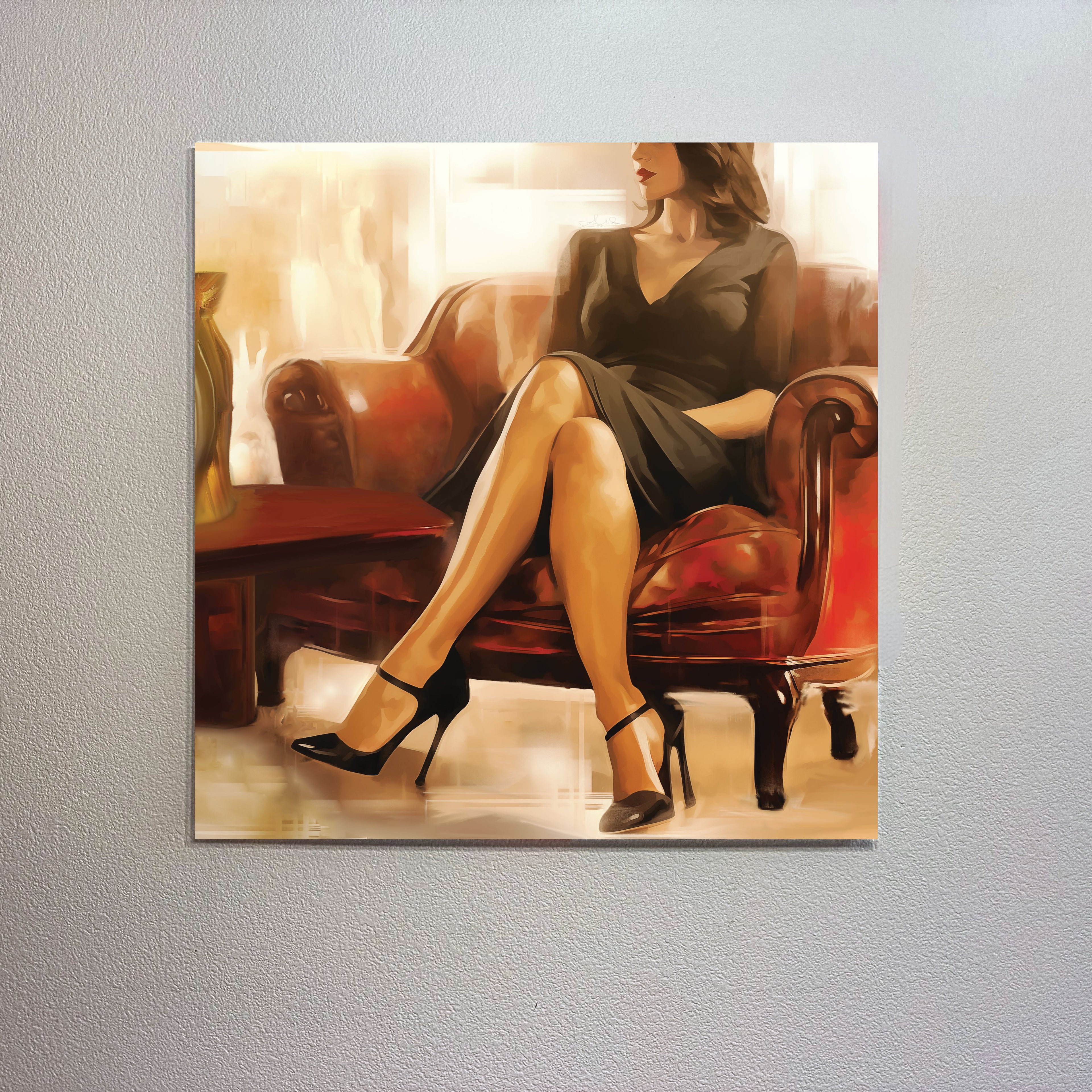 Woman in a dark dress sitting on a brown leather chair with high heels on a textured gray background