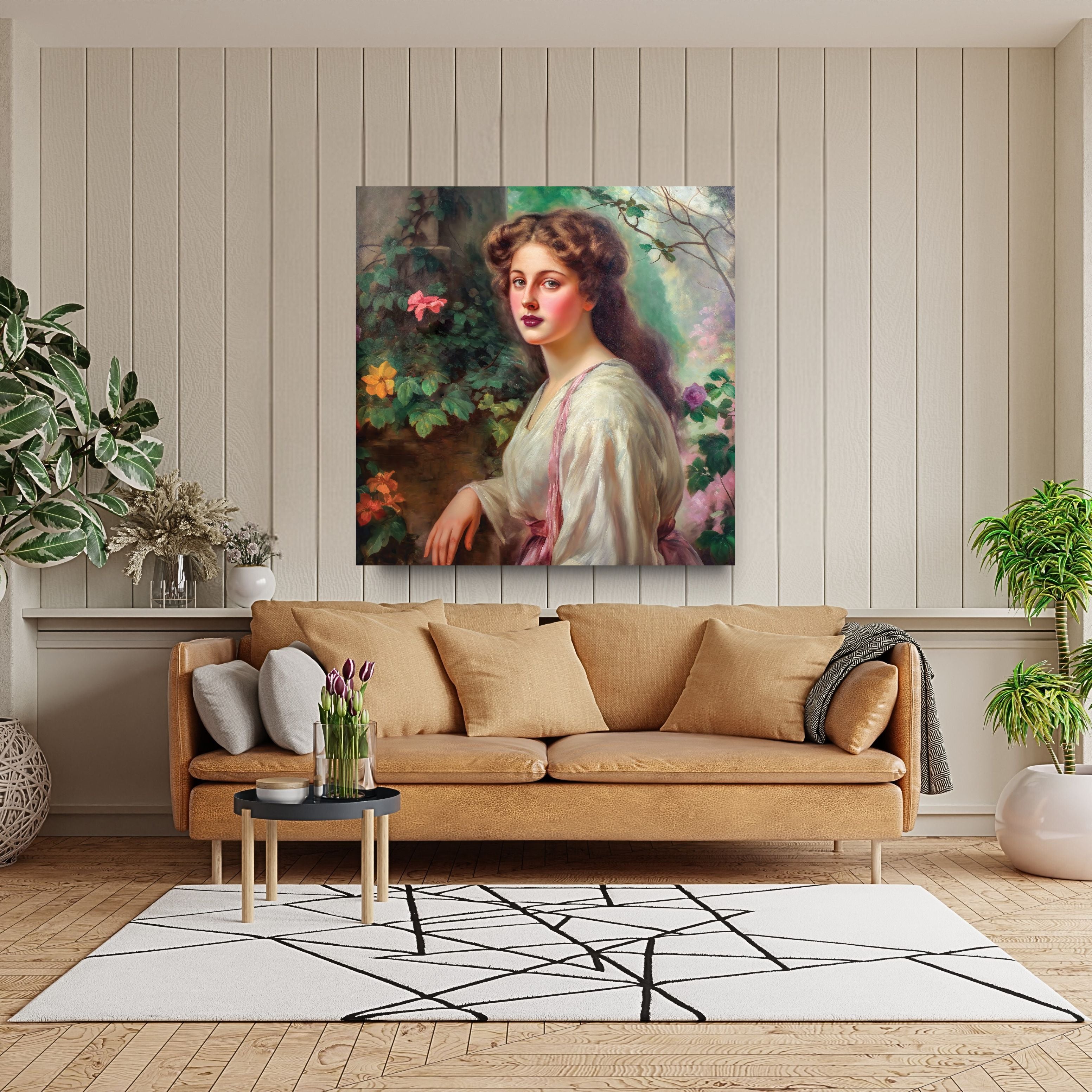 Living room with a tan sofa, decorative pillows, and a painting of a woman on the wall.