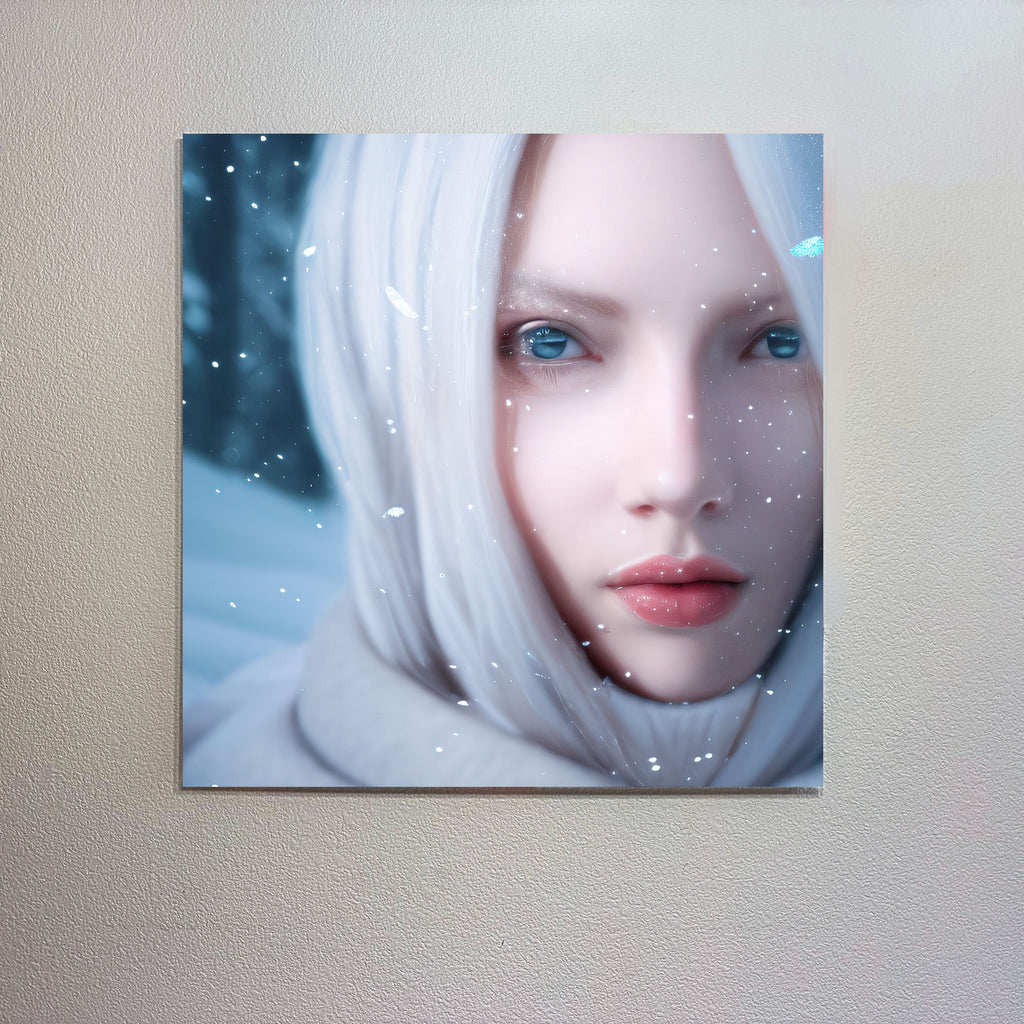 Framed artwork of a woman with white hair and blue eyes on a textured wall.