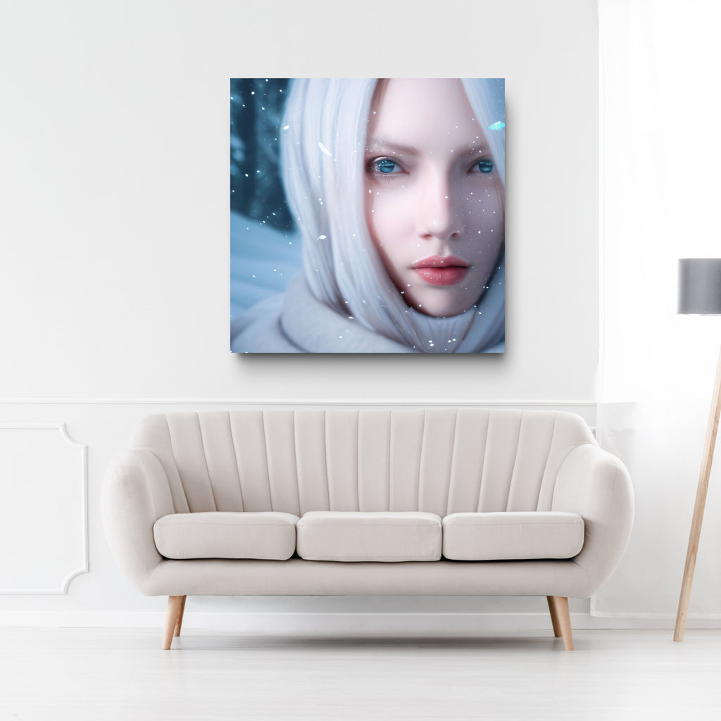 a large canvas wall art of a frozen ice queen on a wall above  awhite cream couch.