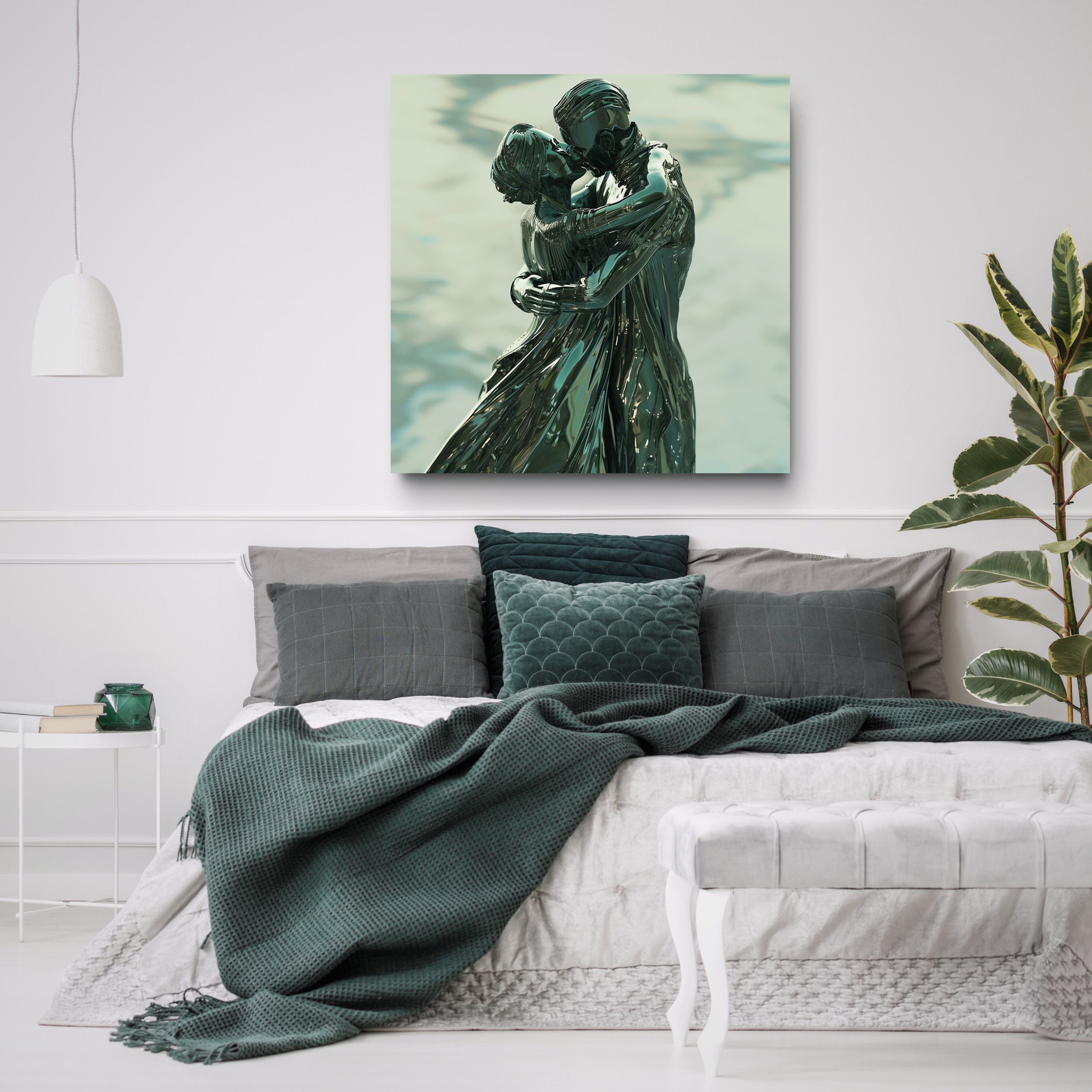 Decorative painting of two people embracing on a wall above a bed with green bedding.