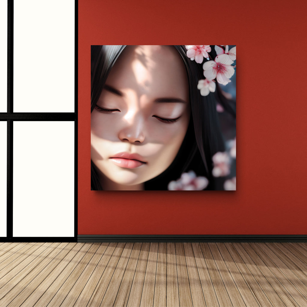 Framed artwork of a woman's face with cherry blossoms on a red wall.