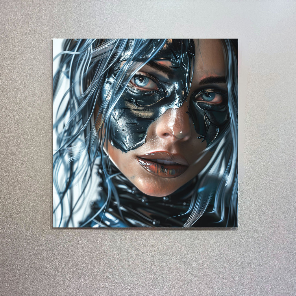 Artistic depiction of a person with metallic face paint on a plain wall.