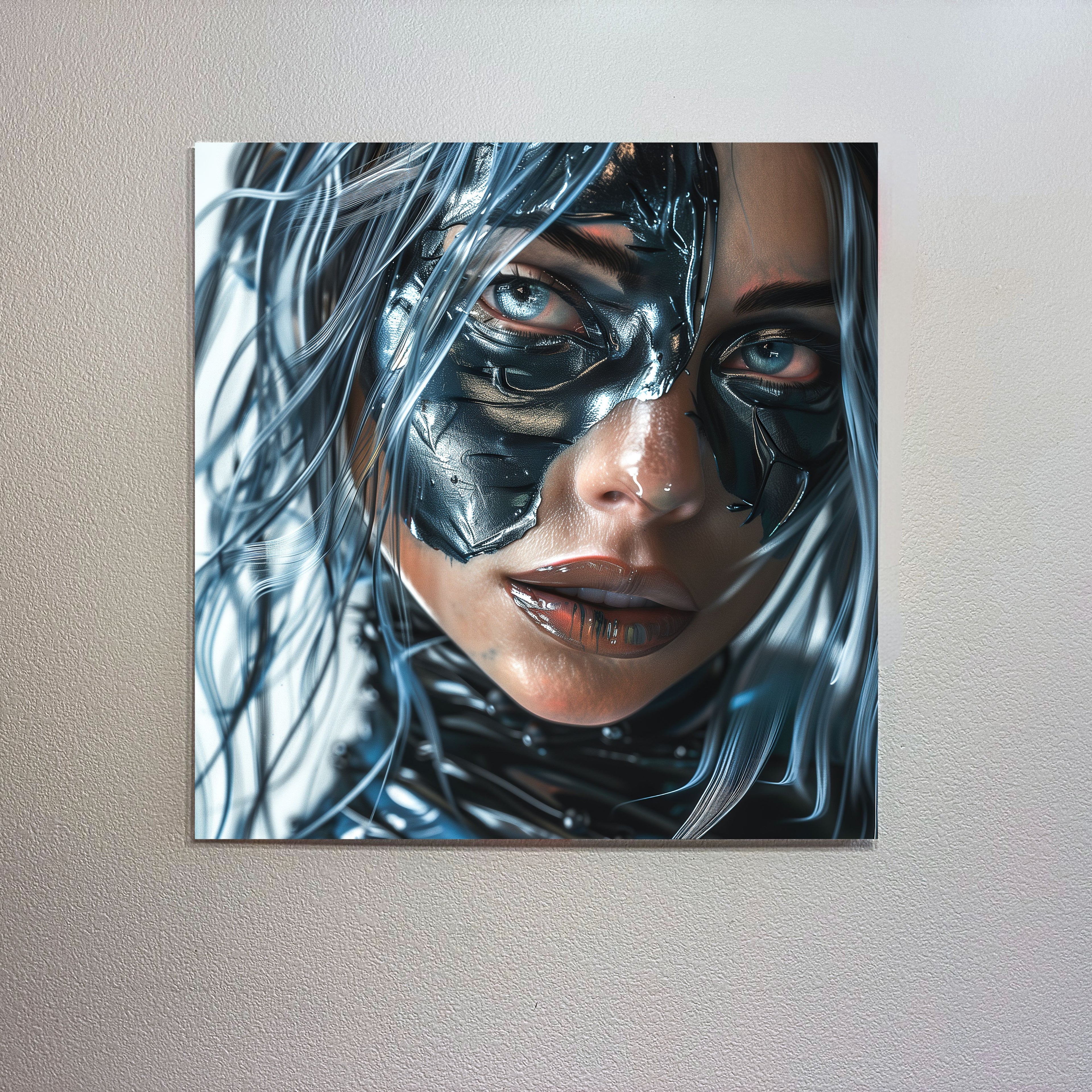 Artistic depiction of a person with metallic face paint on a plain wall.