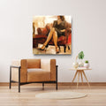 Modern living room with a tan armchair, small round table, and wall art of a woman on a couch.