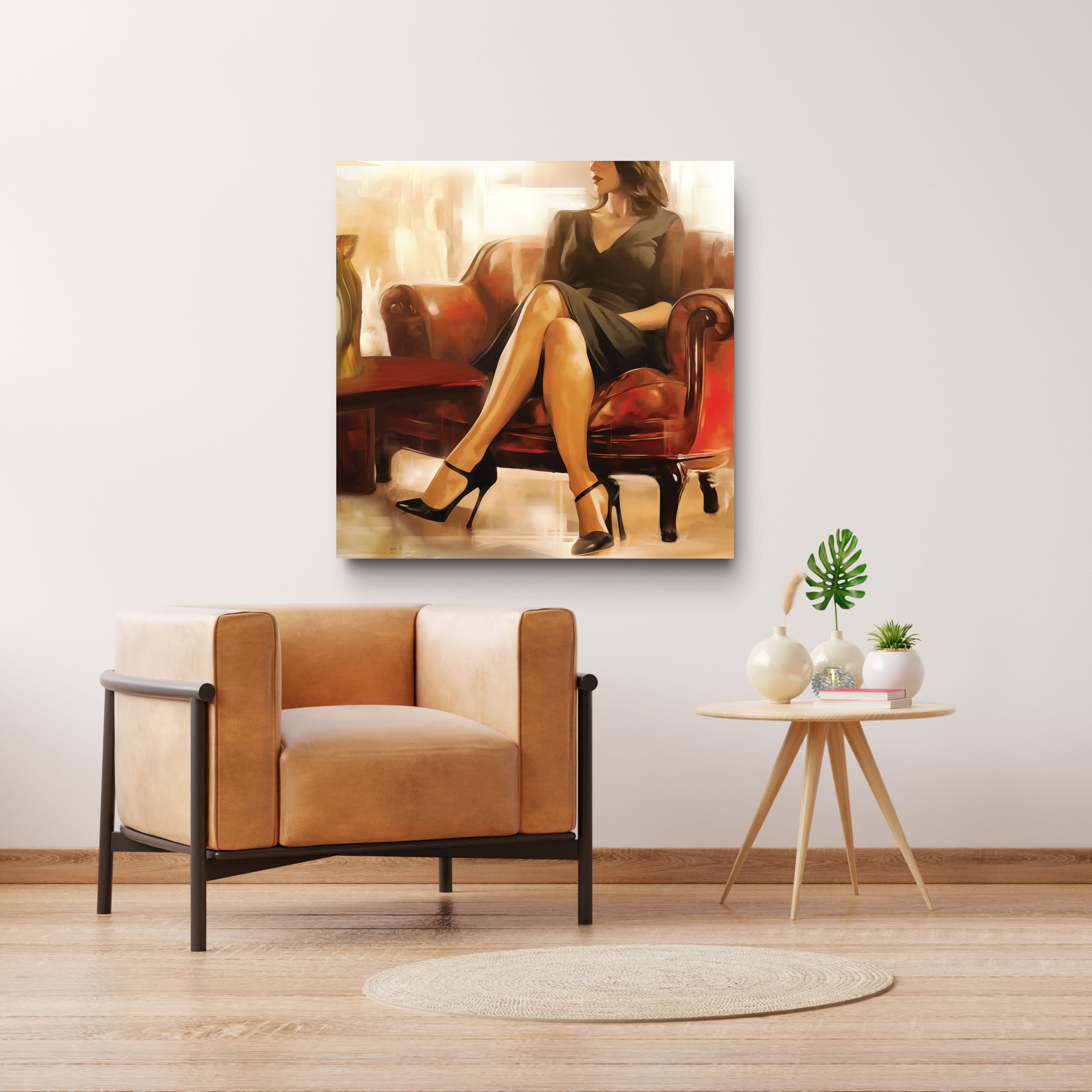 Modern living room with a tan armchair, small round table, and wall art of a woman on a couch.