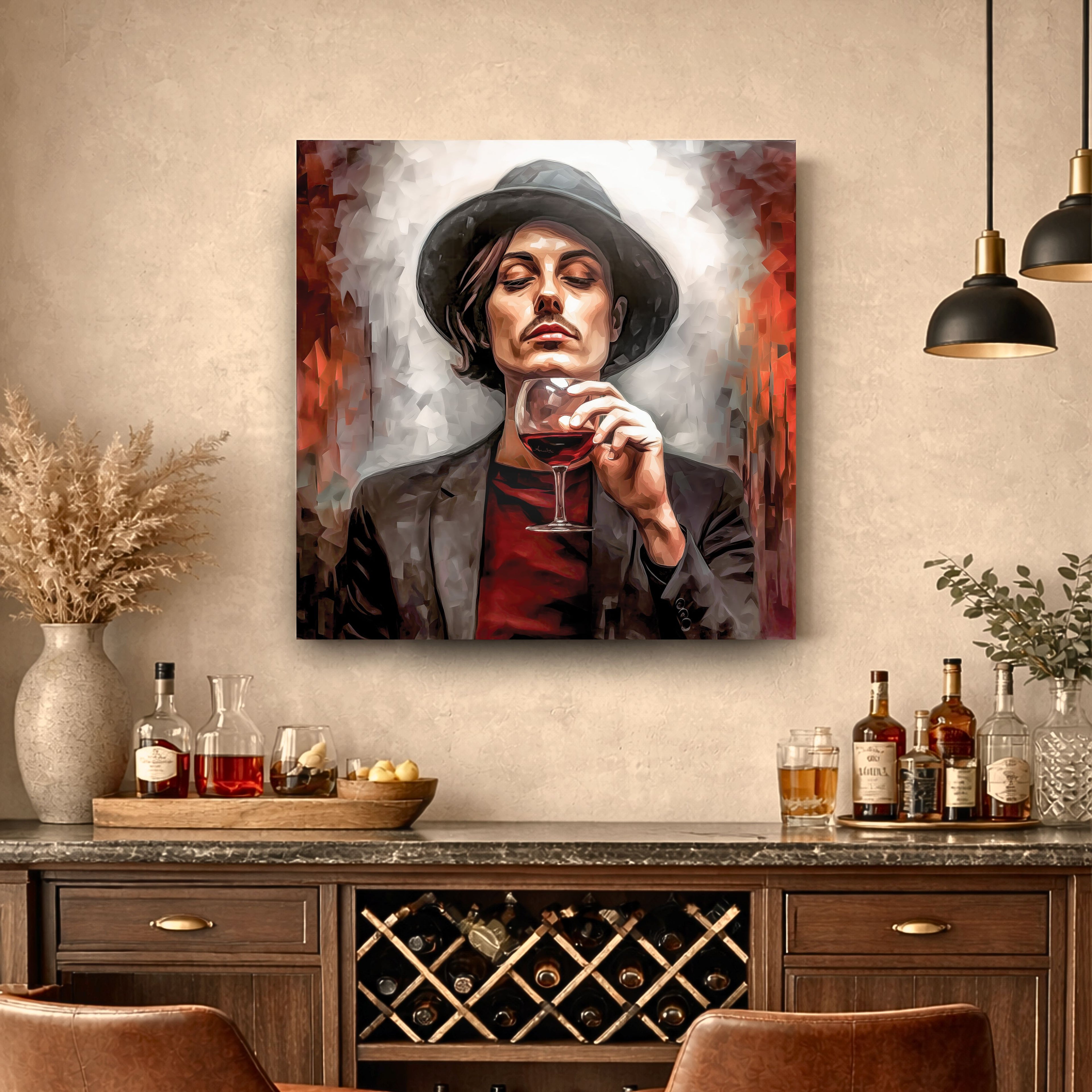 Canvas print of a man holding a glass of red wine in a stylish interior setting.